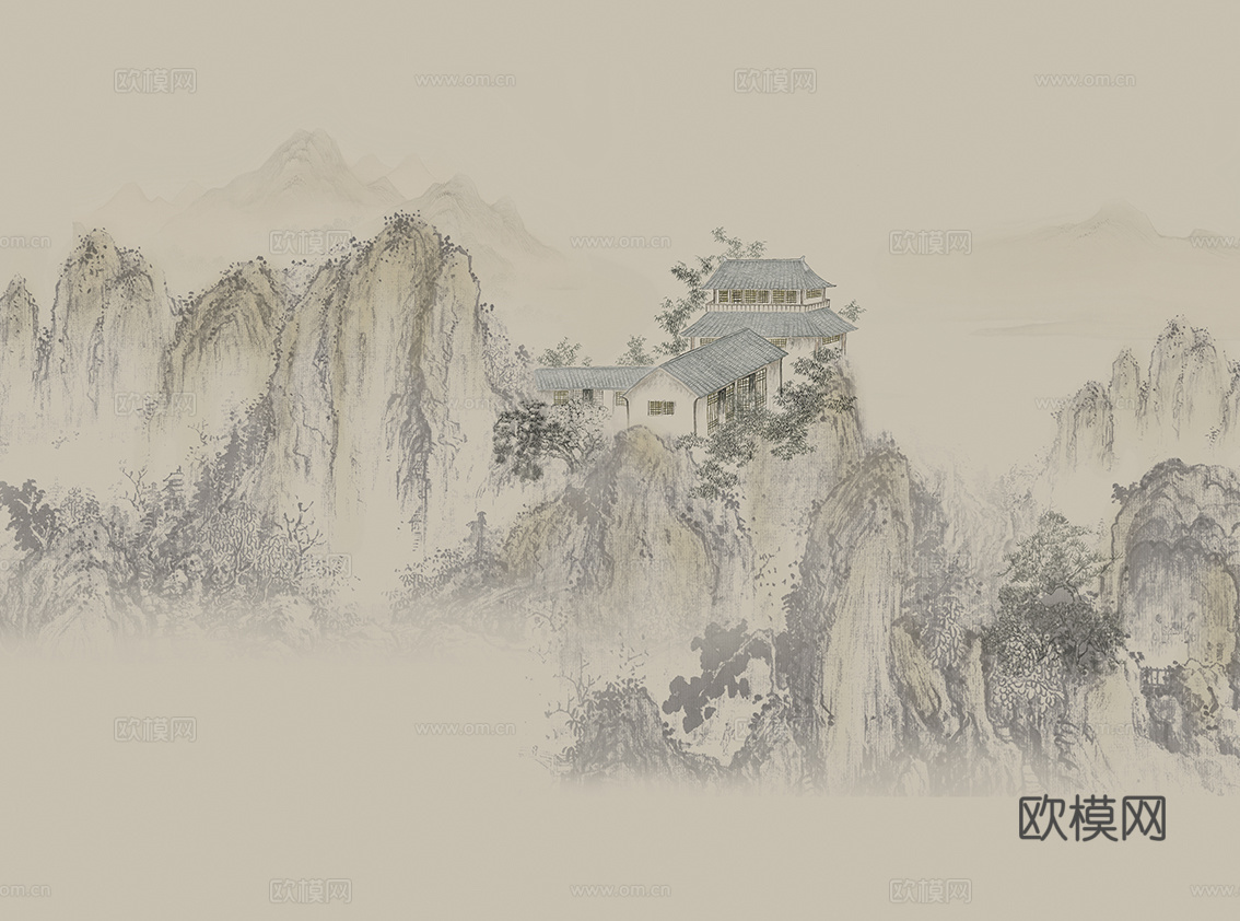 新中式山水壁纸  中式装饰画圆画 挂画下载