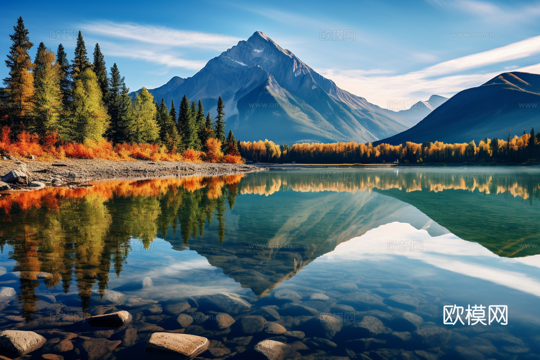 高清山脉湖泊映衬的风景下载