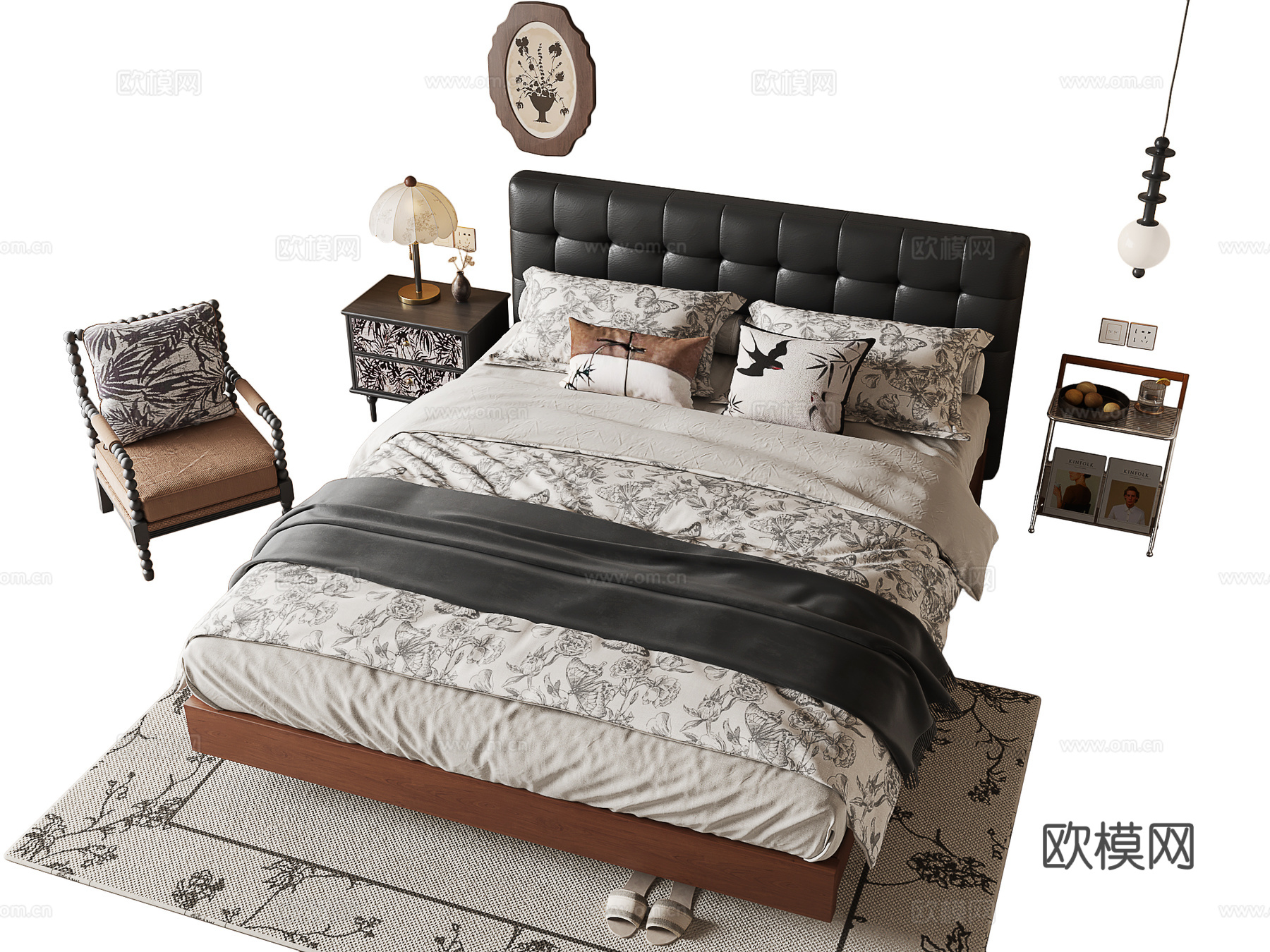 中古风双人床3d模型下载