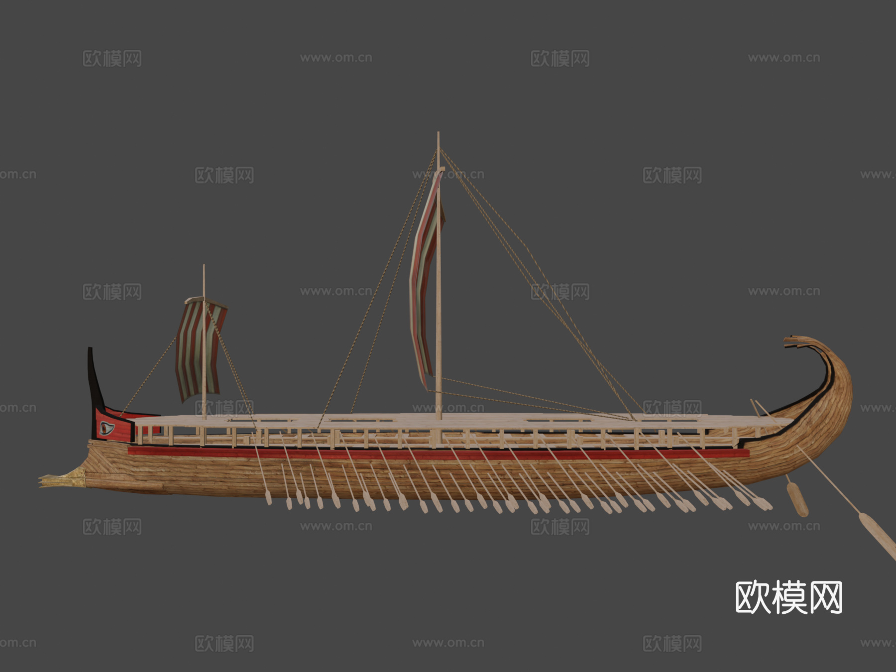 三层桨座战船 海盗船 船只3d模型
