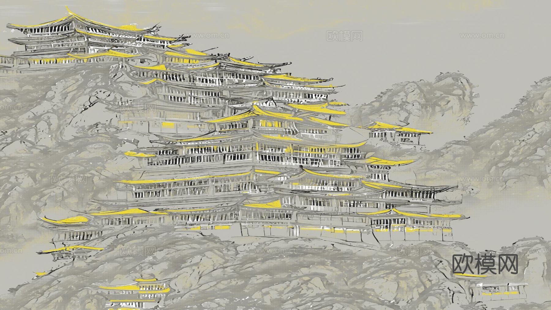 新中式建筑壁画下载