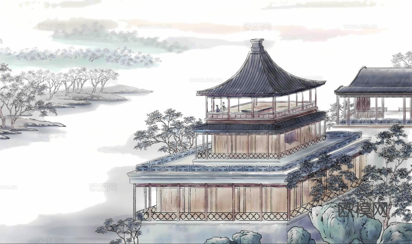 新中式建筑壁画下载