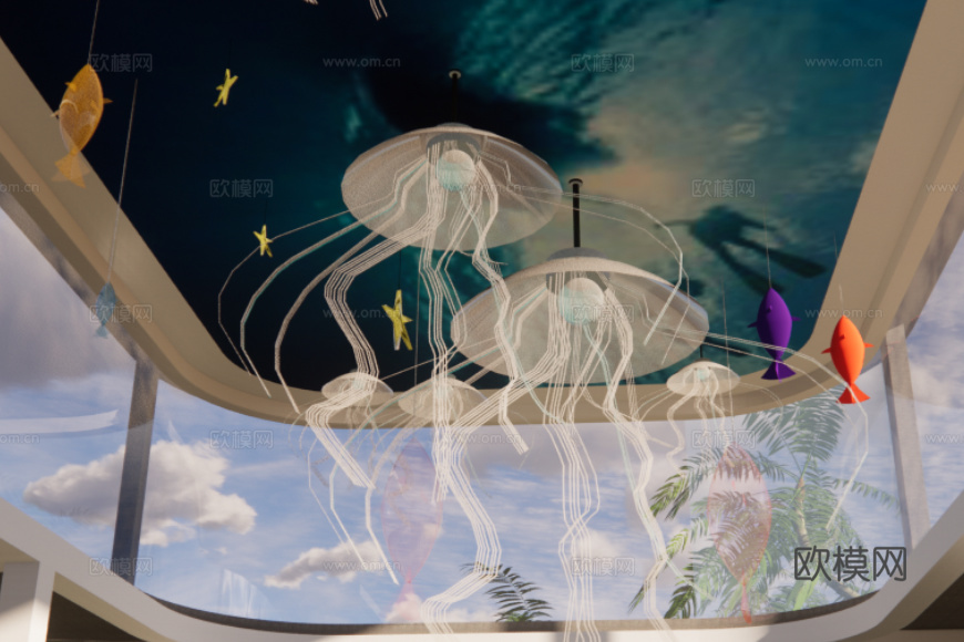 海洋风格吊灯 水母灯免费su模型下载（渲染图4）