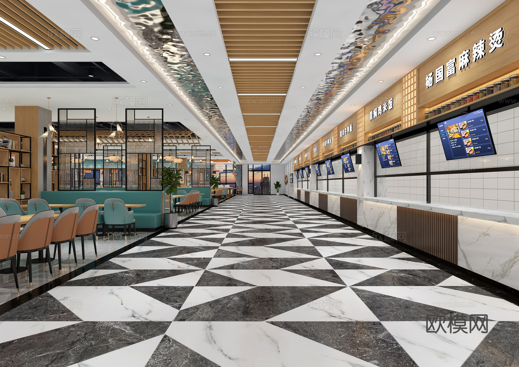 现代学校食堂 大学食堂 员工食堂 明档3d模型下载（渲染图1）