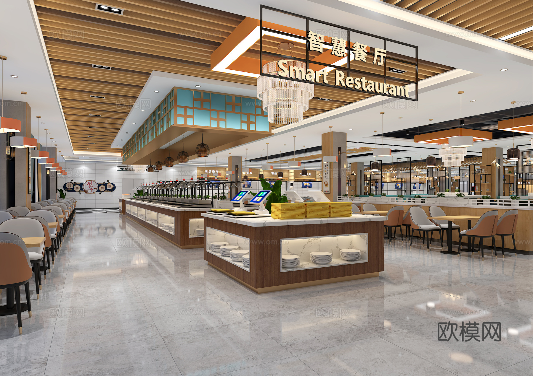 现代学校食堂 大学食堂 员工食堂 明档3d模型下载（渲染图4）
