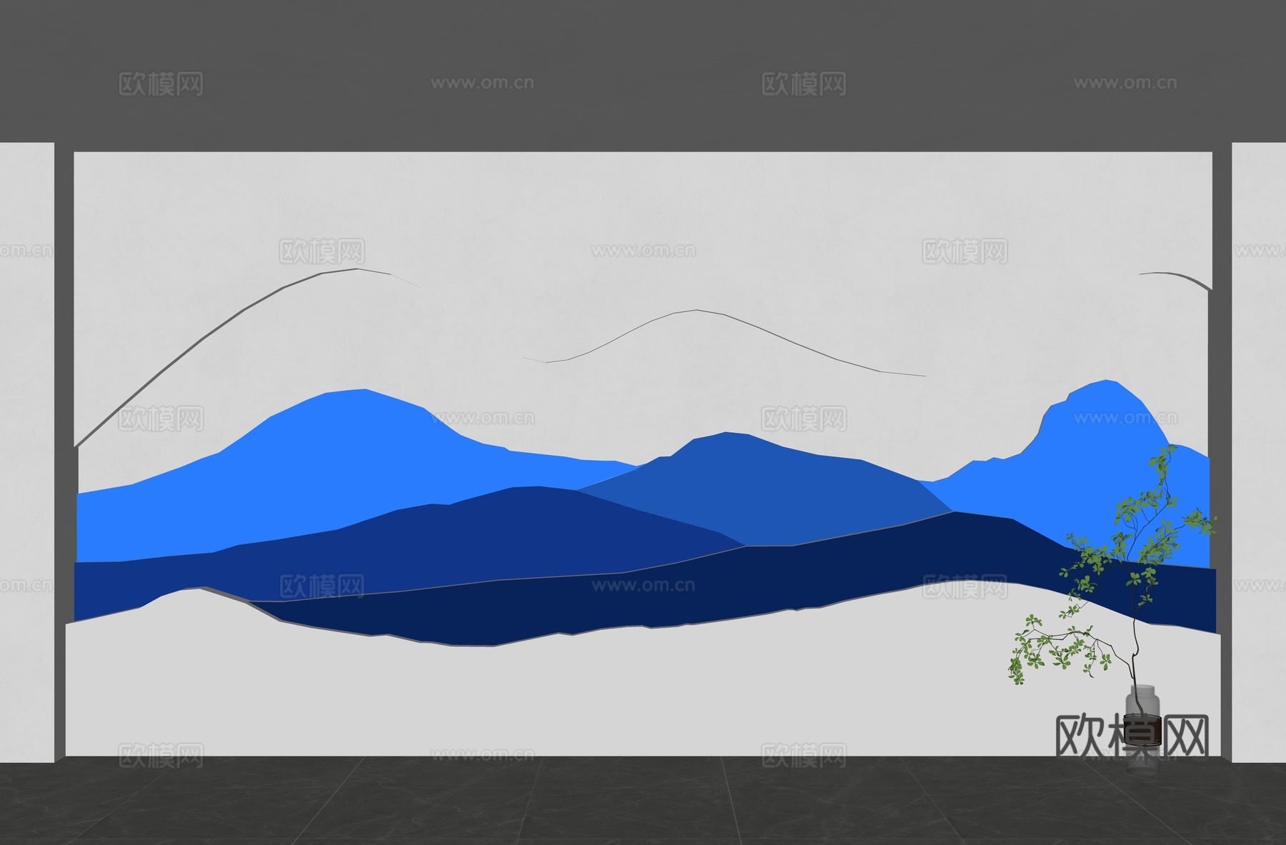 新中式山水背景墙 形象背景墙su模型