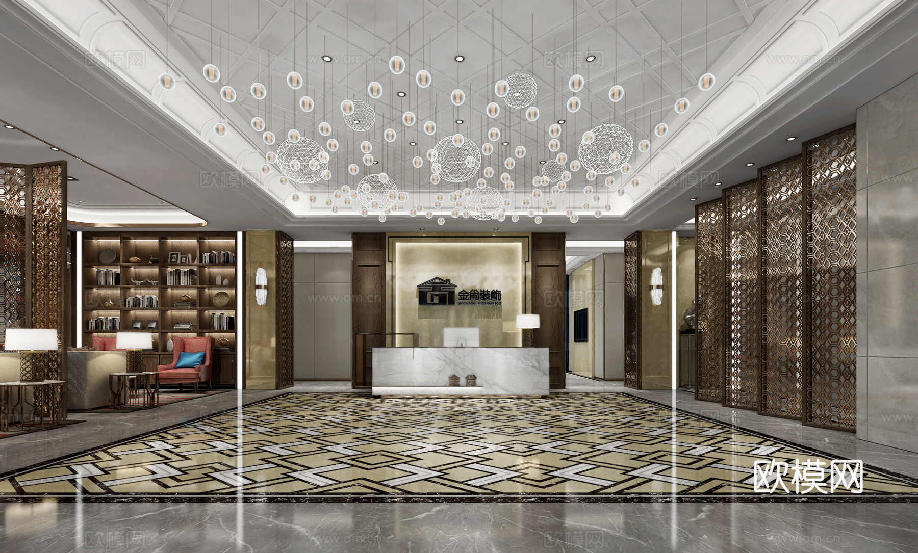 现代公司前台 过道 接待区3d模型下载（渲染图4）