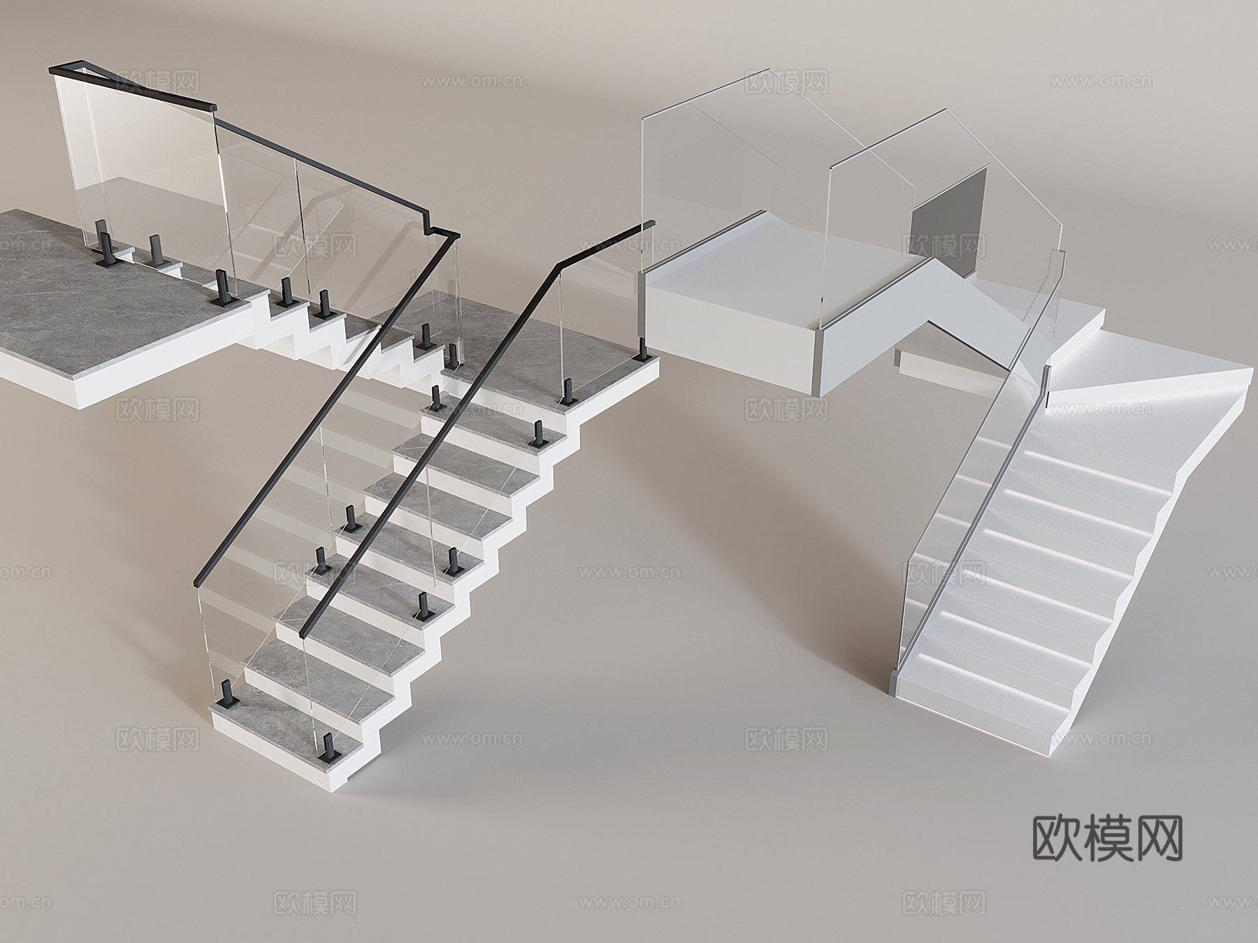 现代扶手玻璃楼梯 转角玻璃楼梯su模型