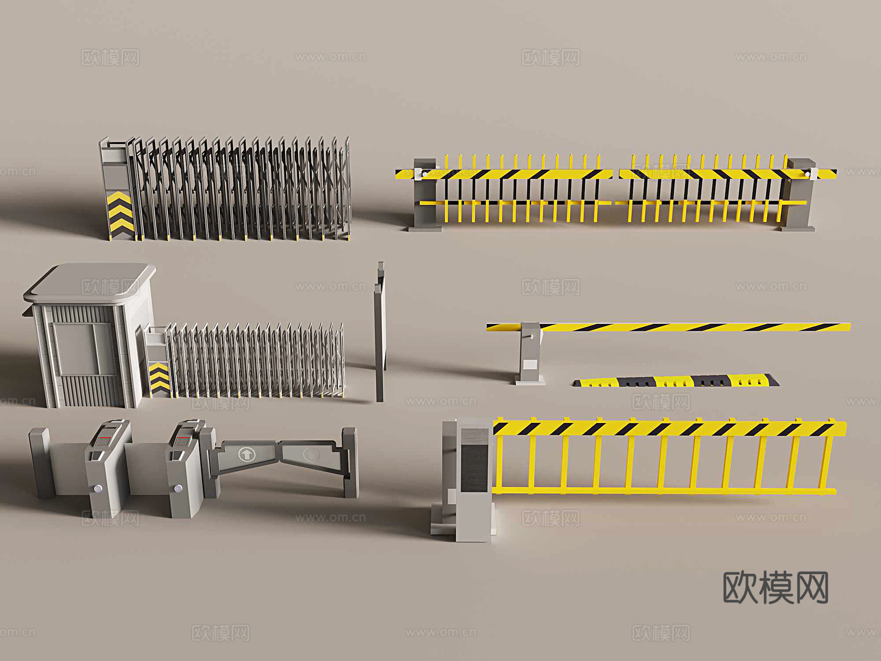 伸缩门 收费杆 闸口 安检口 岗亭 隔离带 自动门3d模型