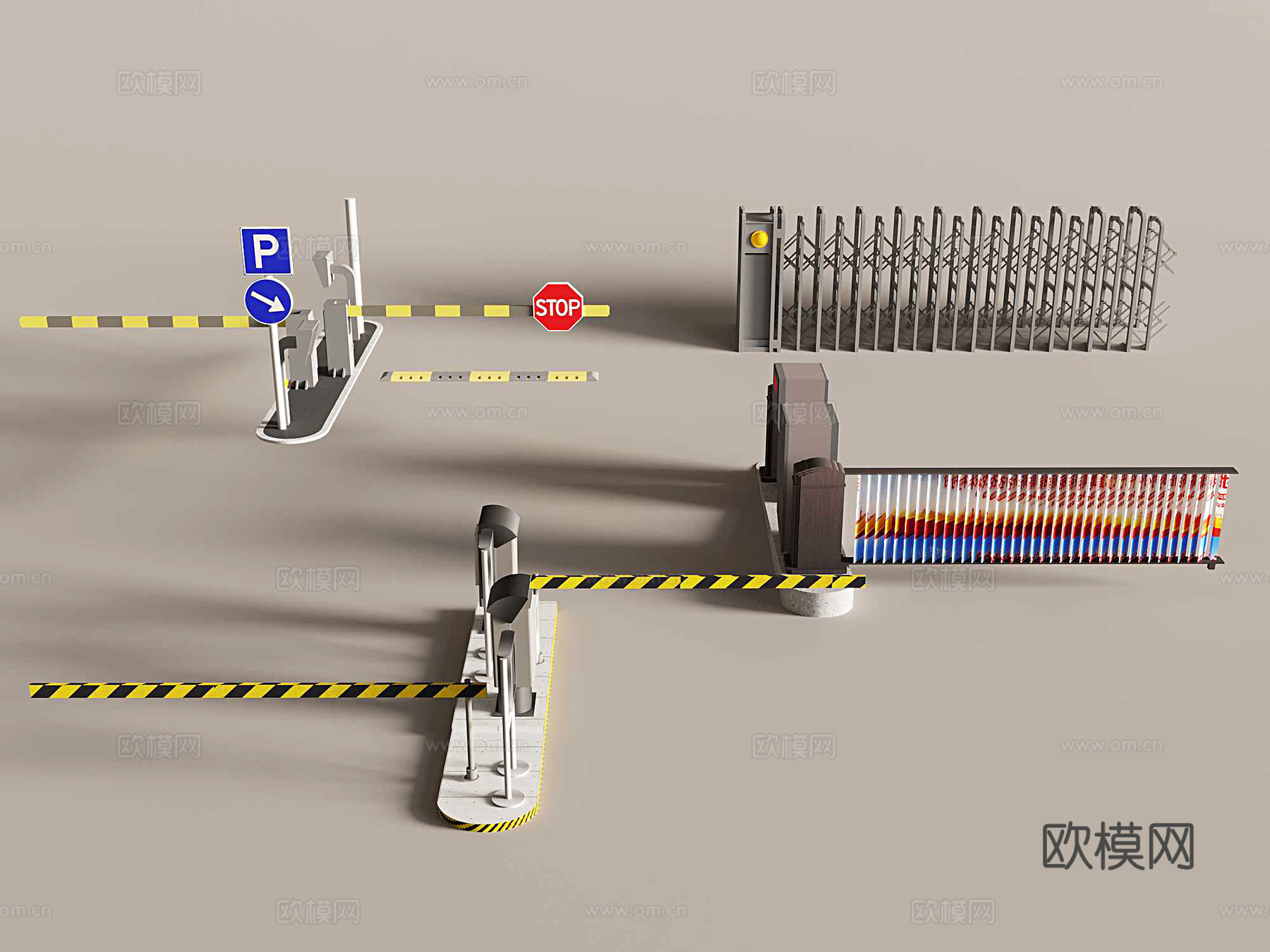 伸缩门 收费杆 闸口 安检口 岗亭 隔离带 自动门3d模型