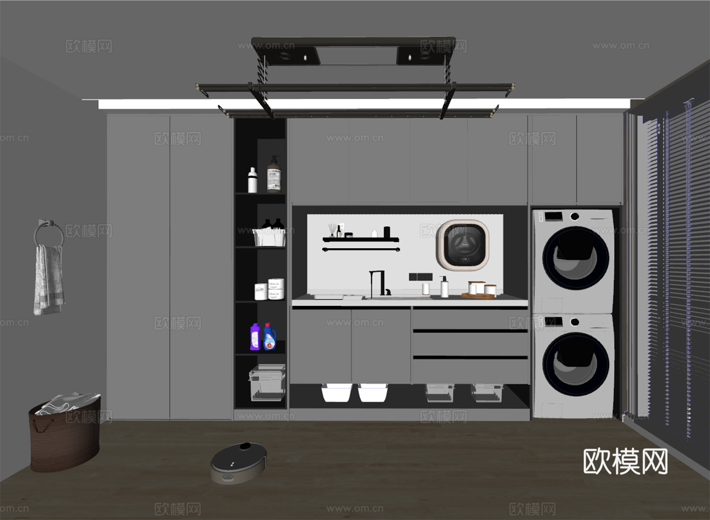 现代洗衣房 阳台洗衣机柜su模型