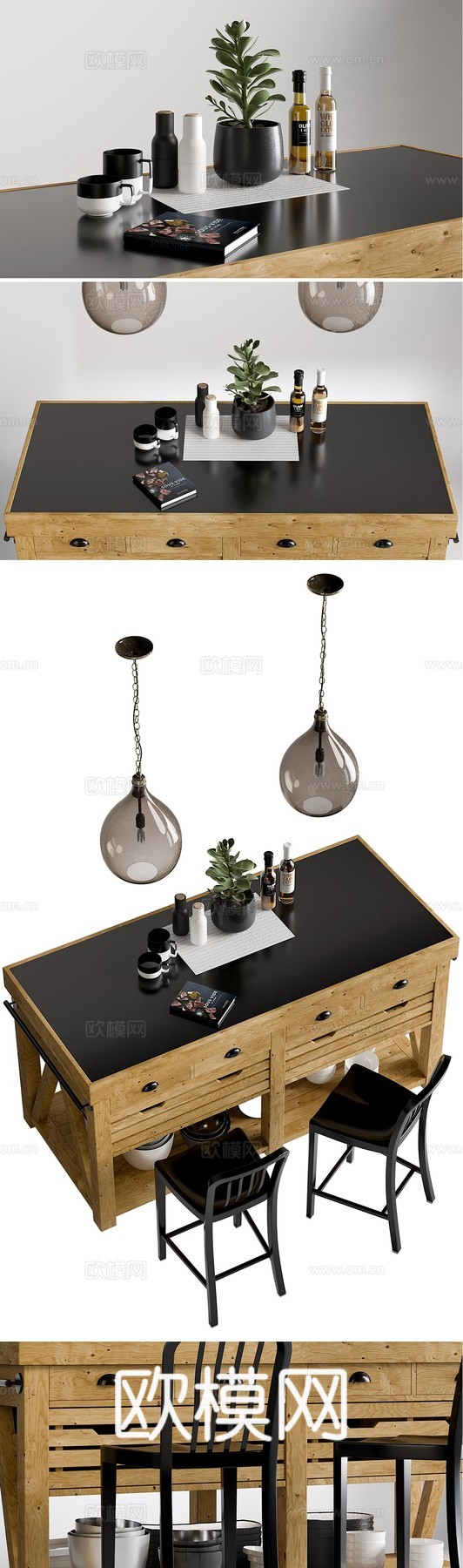 北欧原木中岛台 吧椅免费3d模型下载（渲染图2）