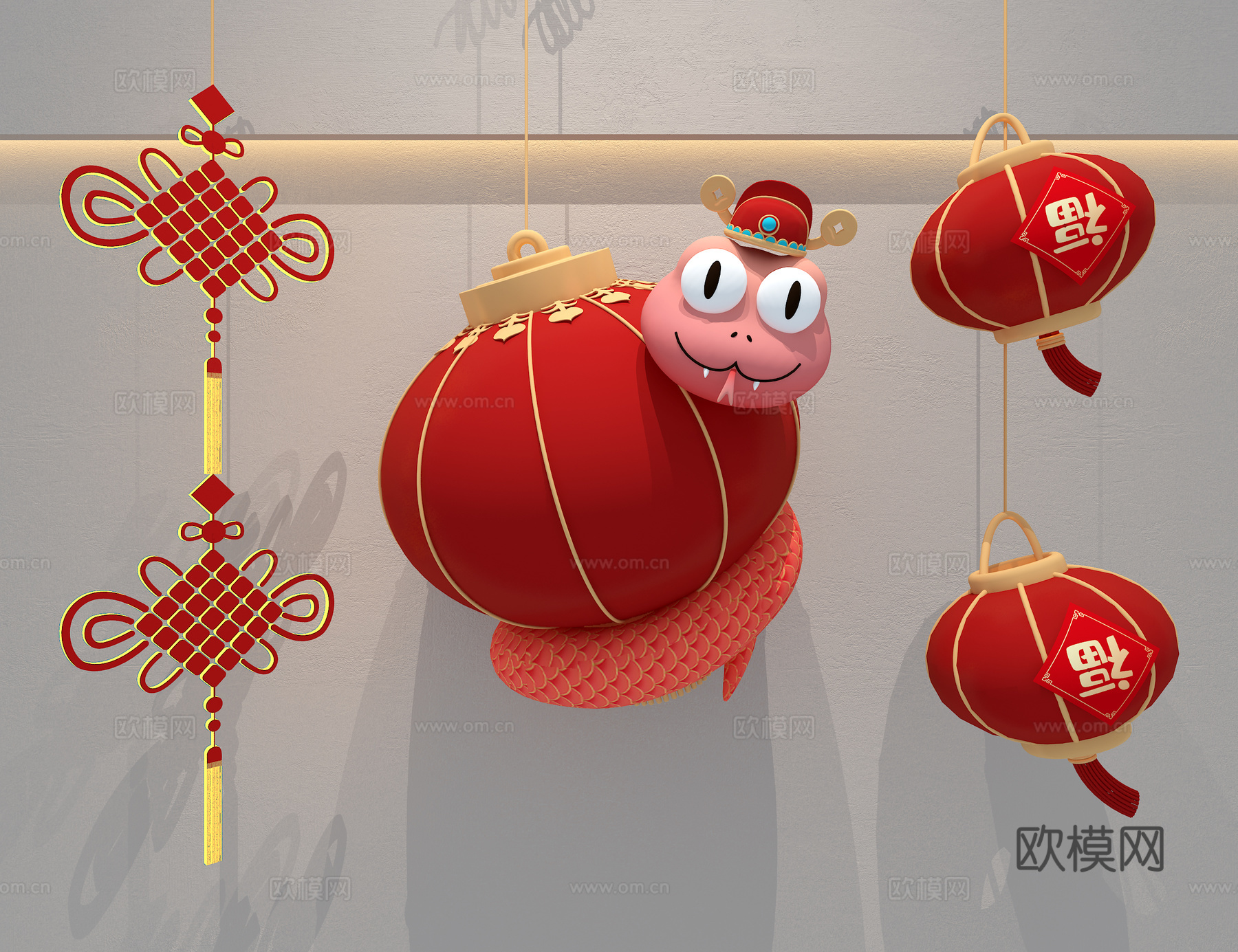 中式蛇年灯笼3d模型下载