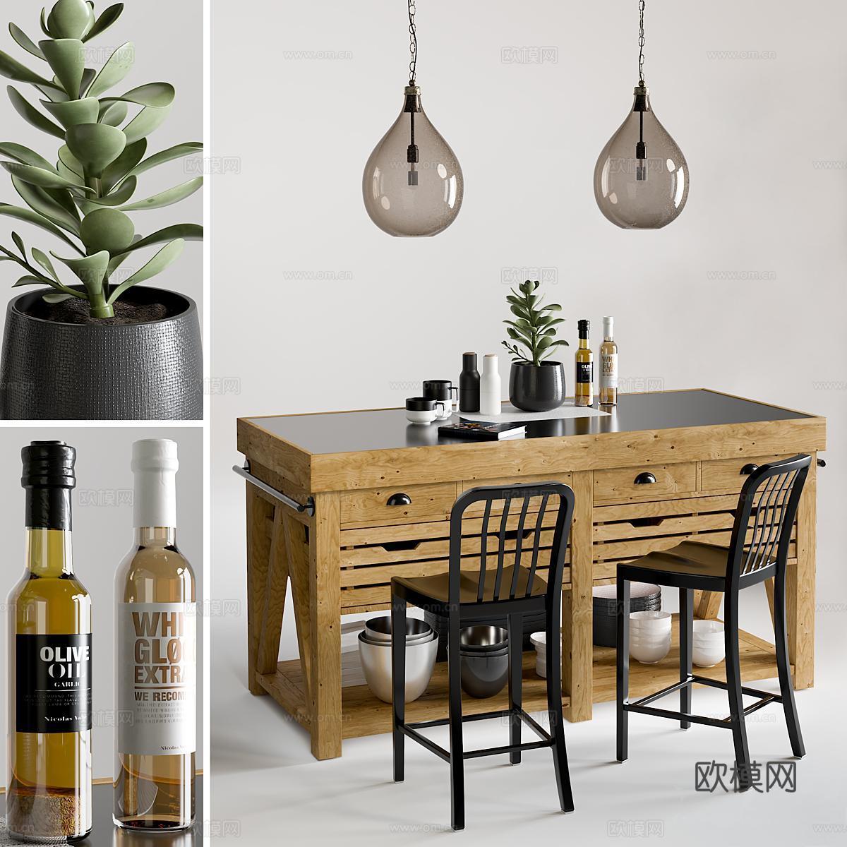 北欧原木中岛台 吧椅免费3d模型下载（渲染图1）