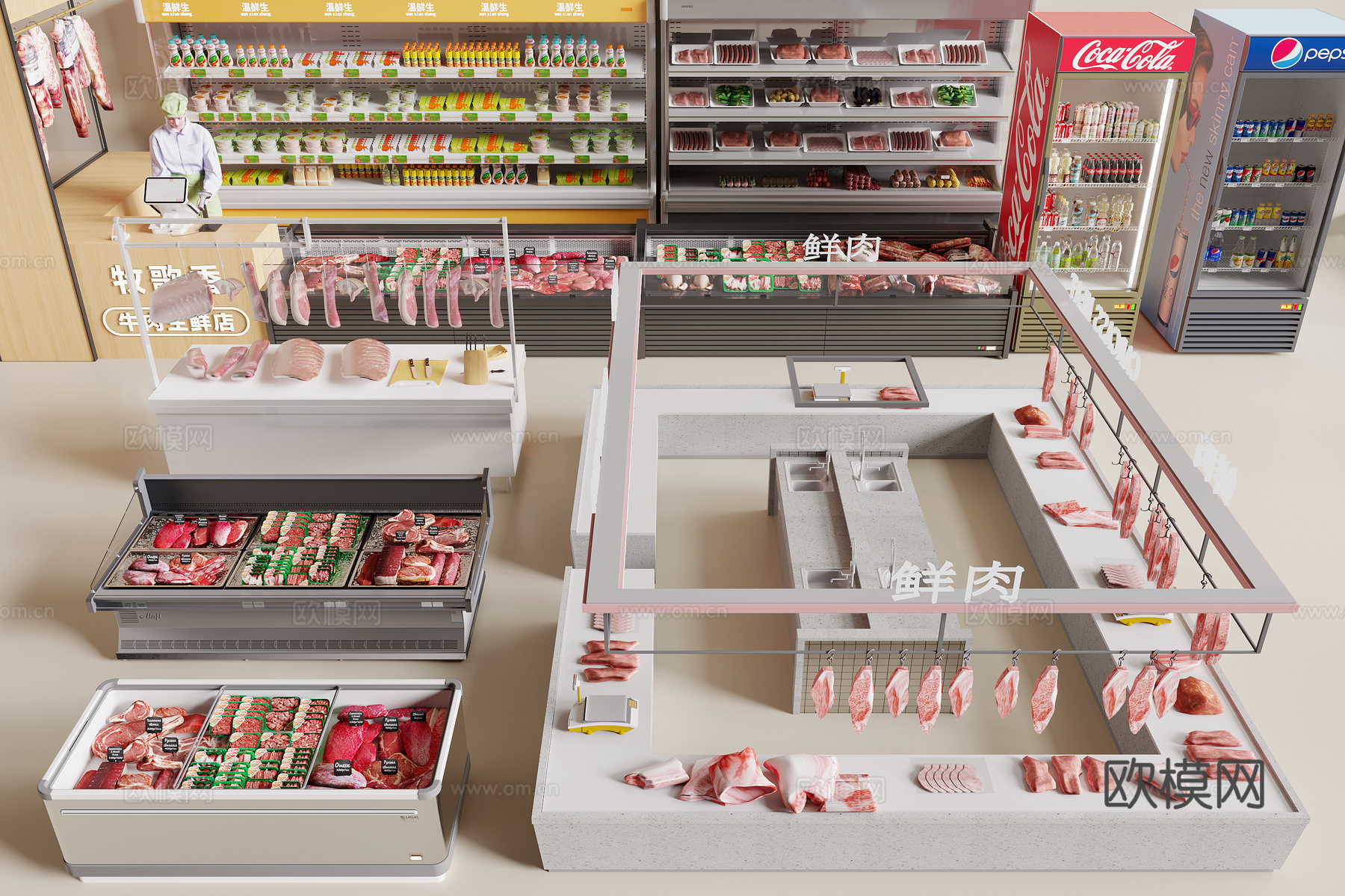 现代肉品档口 鲜肉超市冰柜3d模型下载