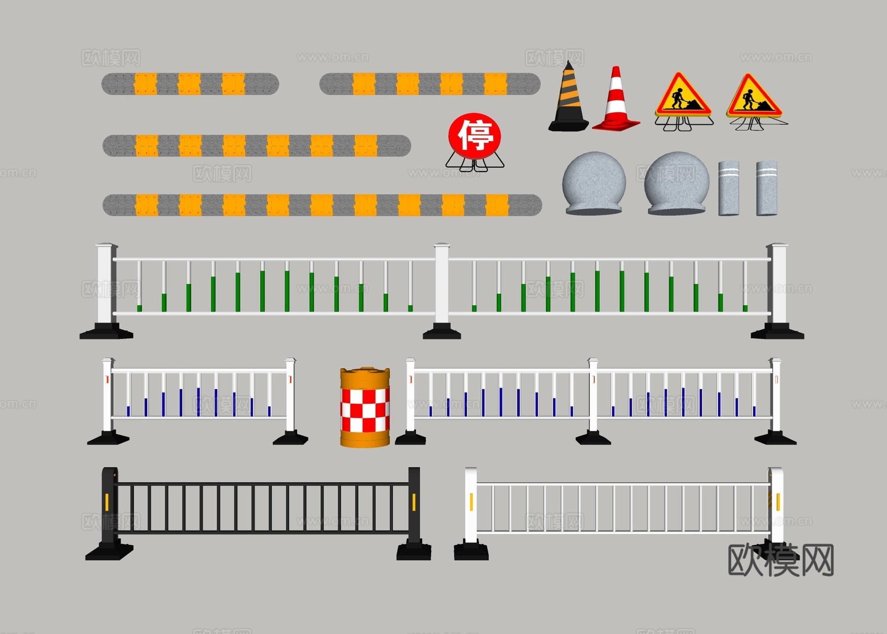 市政护栏 道路护栏 减速带 防撞桶 雪糕筒su模型