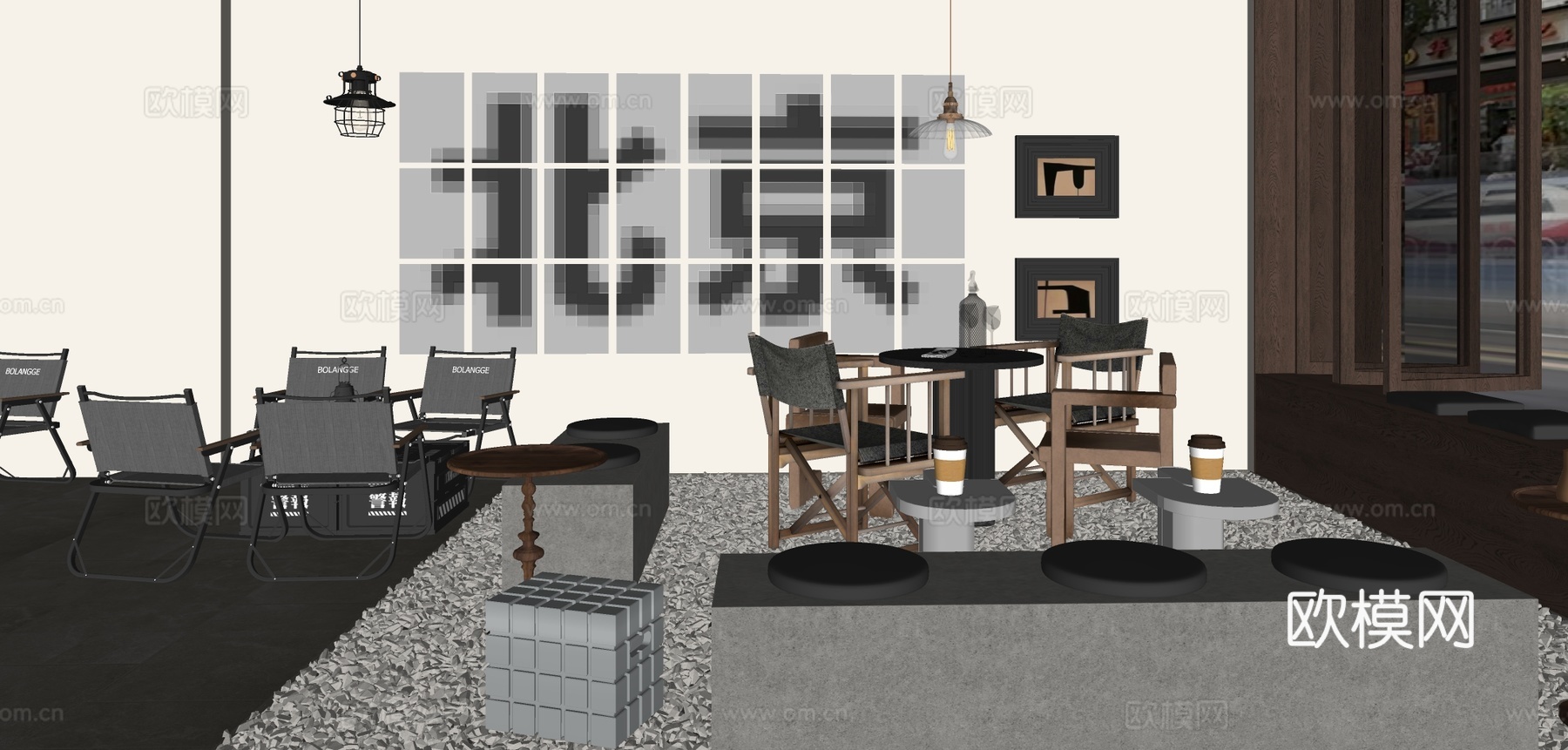 工业风咖啡厅休息区 露营椅su模型