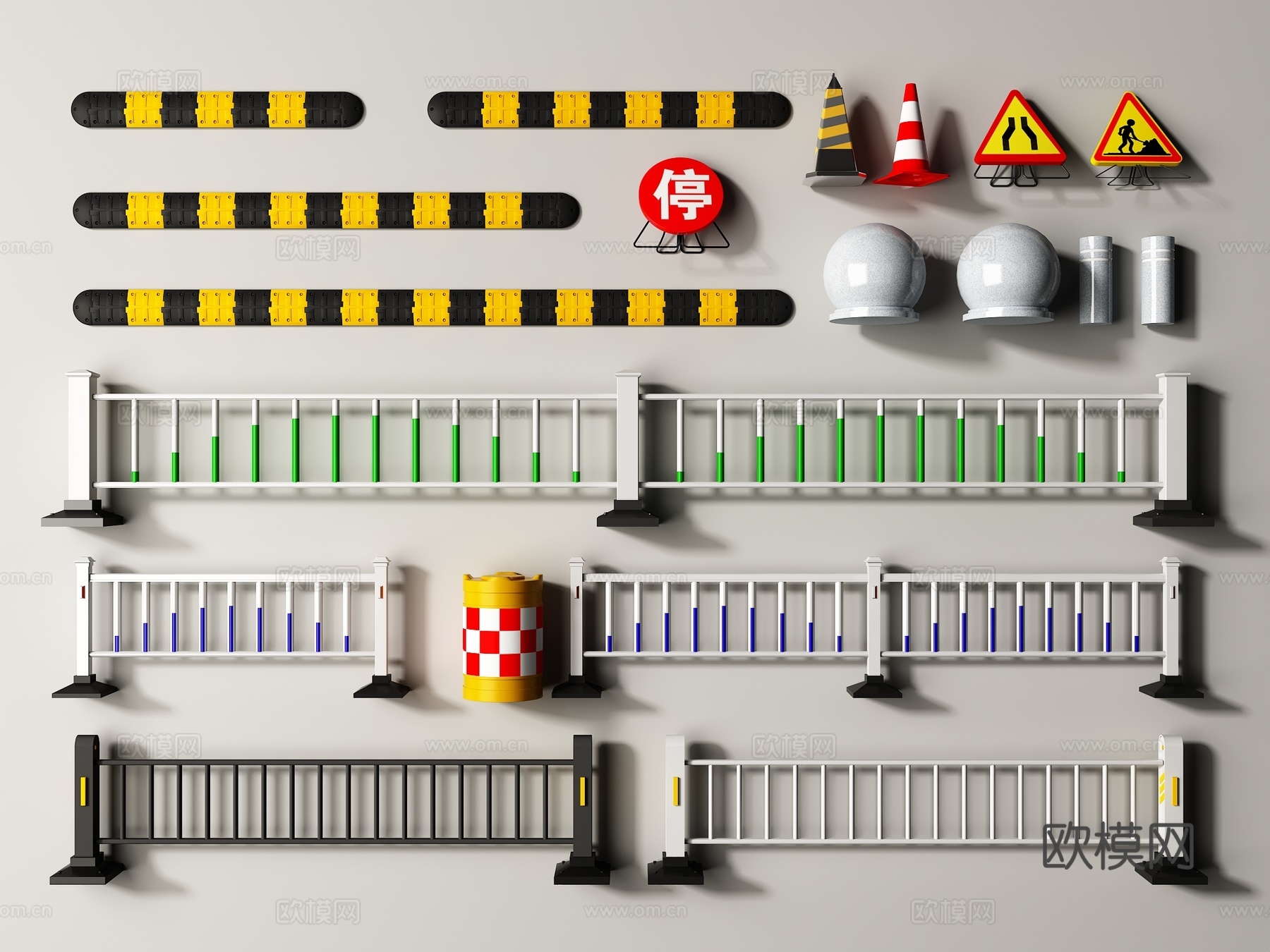 现代市政护栏 道路护栏 减速带 防撞桶 石墩 石球 雪糕筒3d模型