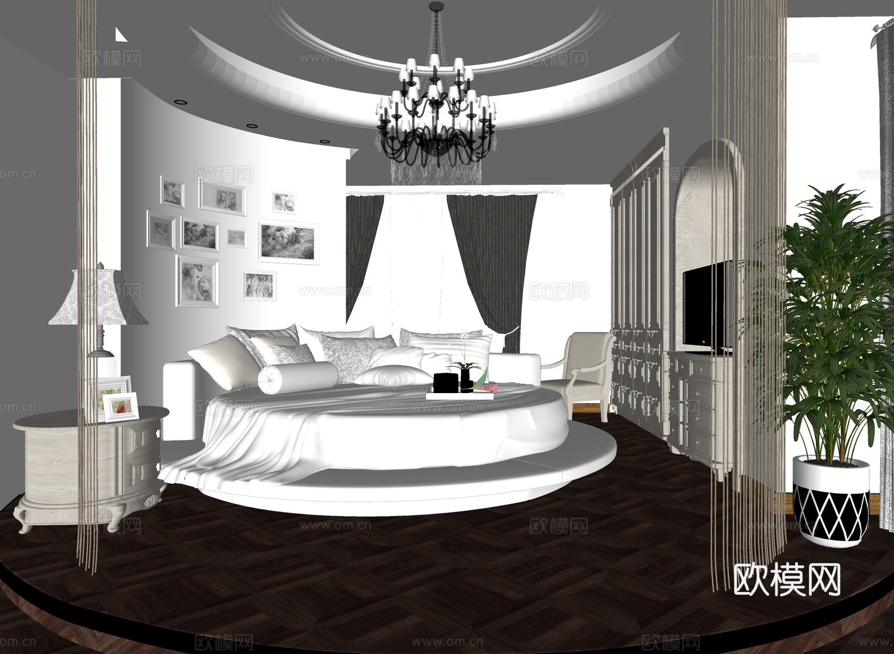 法式卧室 圆床su模型下载（渲染图1）