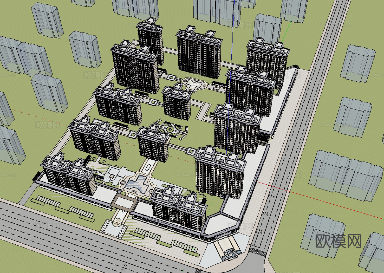 简欧住宅小区 鸟瞰 规划su模型