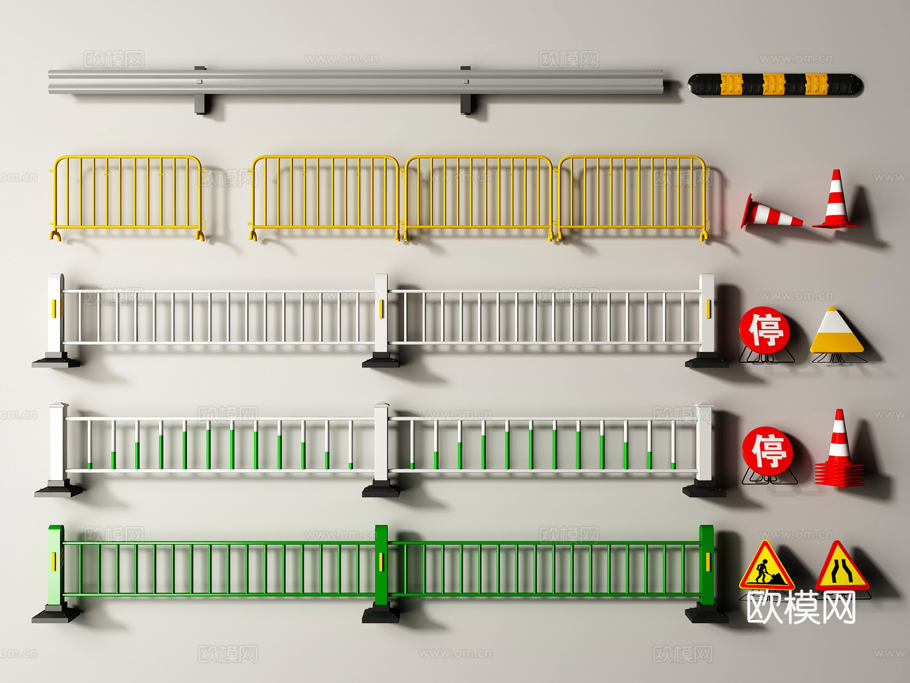 现代市政道路 护栏 隔离栏 防护栏 雪糕筒 警示牌3d模型