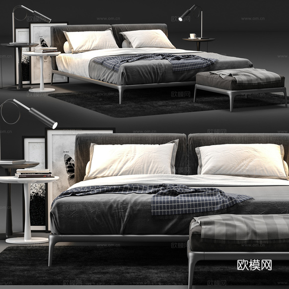 现代双人床3d模型下载(渲染图3)