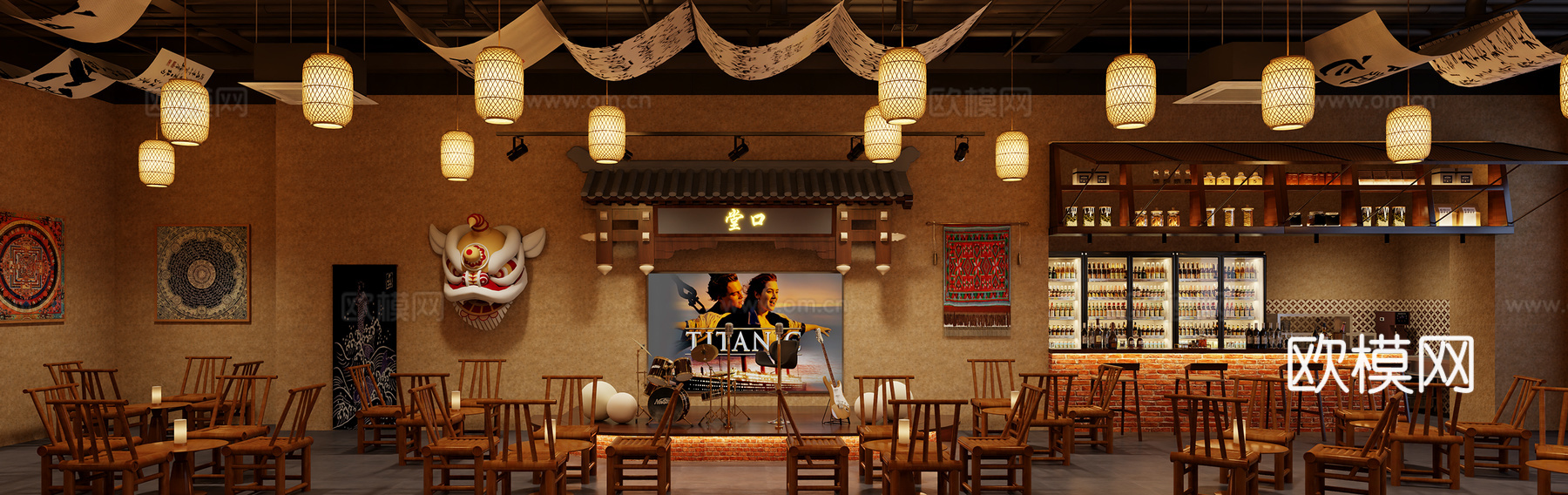 中式清吧 酒吧 露营风3d模型下载（渲染图3）