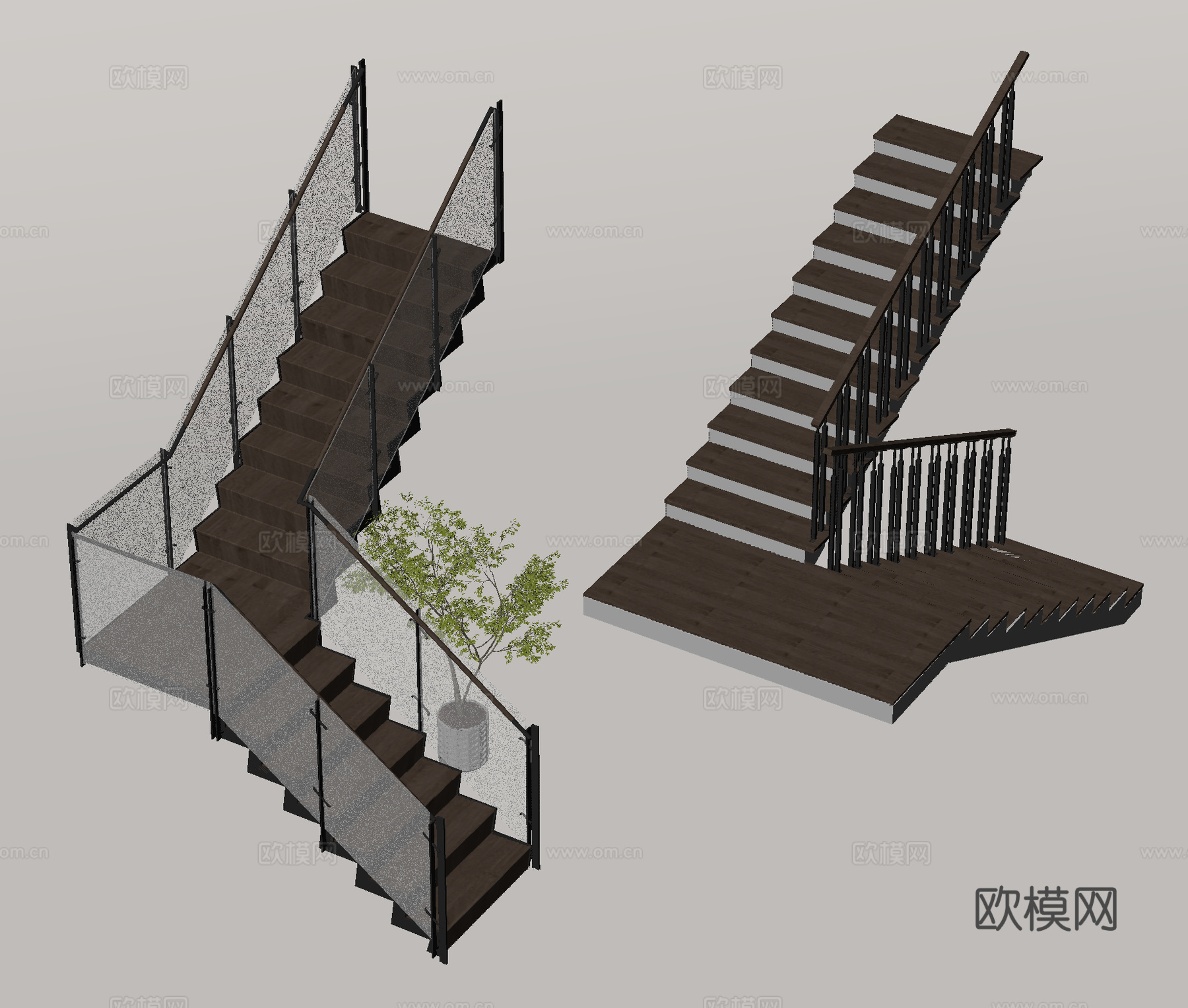 现代扶手楼梯 玻璃楼梯 转角楼梯su模型
