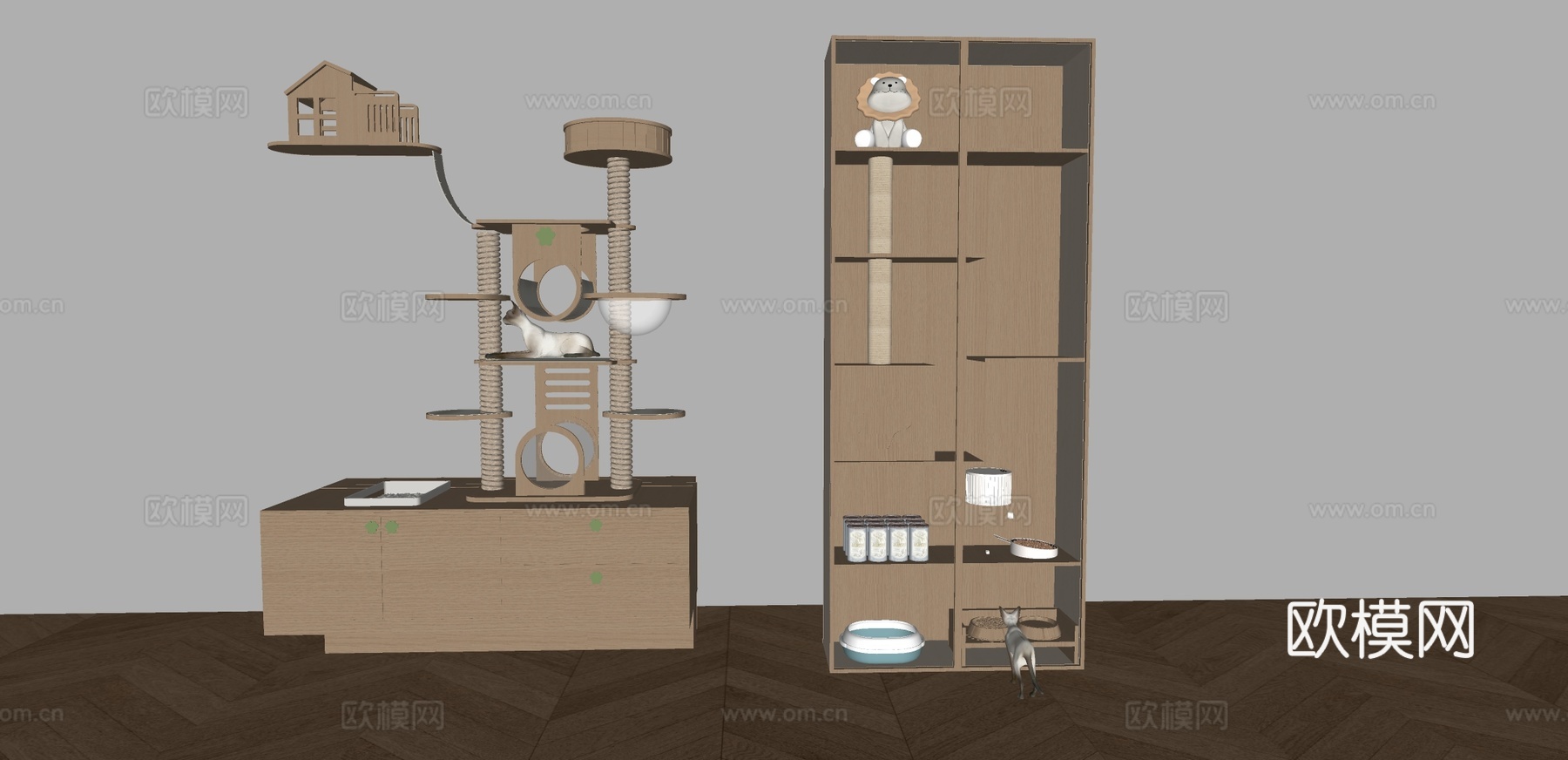 实木猫爬架 猫砂盆 猫粮喂食器su模型下载（渲染图1）