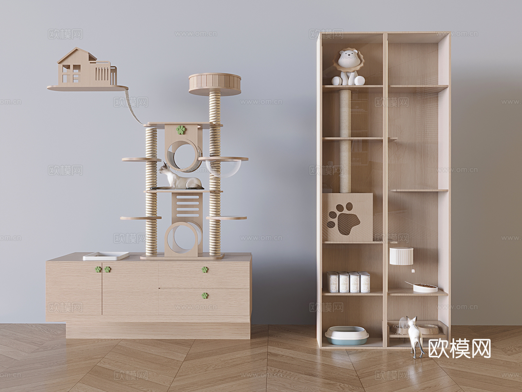 实木猫爬架 猫砂盆 猫粮喂食器su模型下载（渲染图2）