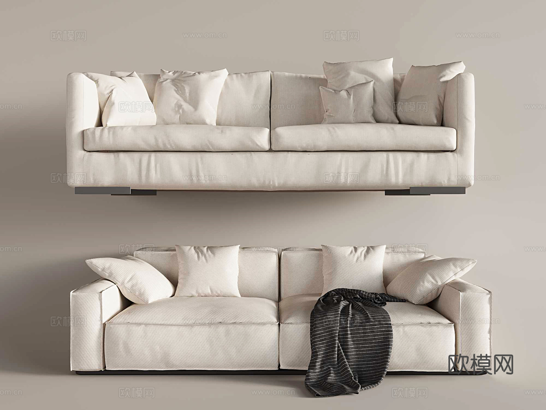 奶油风双人沙发 抱枕su模型下载（渲染图2）