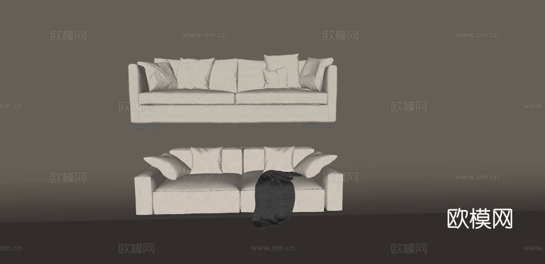 奶油风双人沙发 抱枕su模型下载（渲染图1）