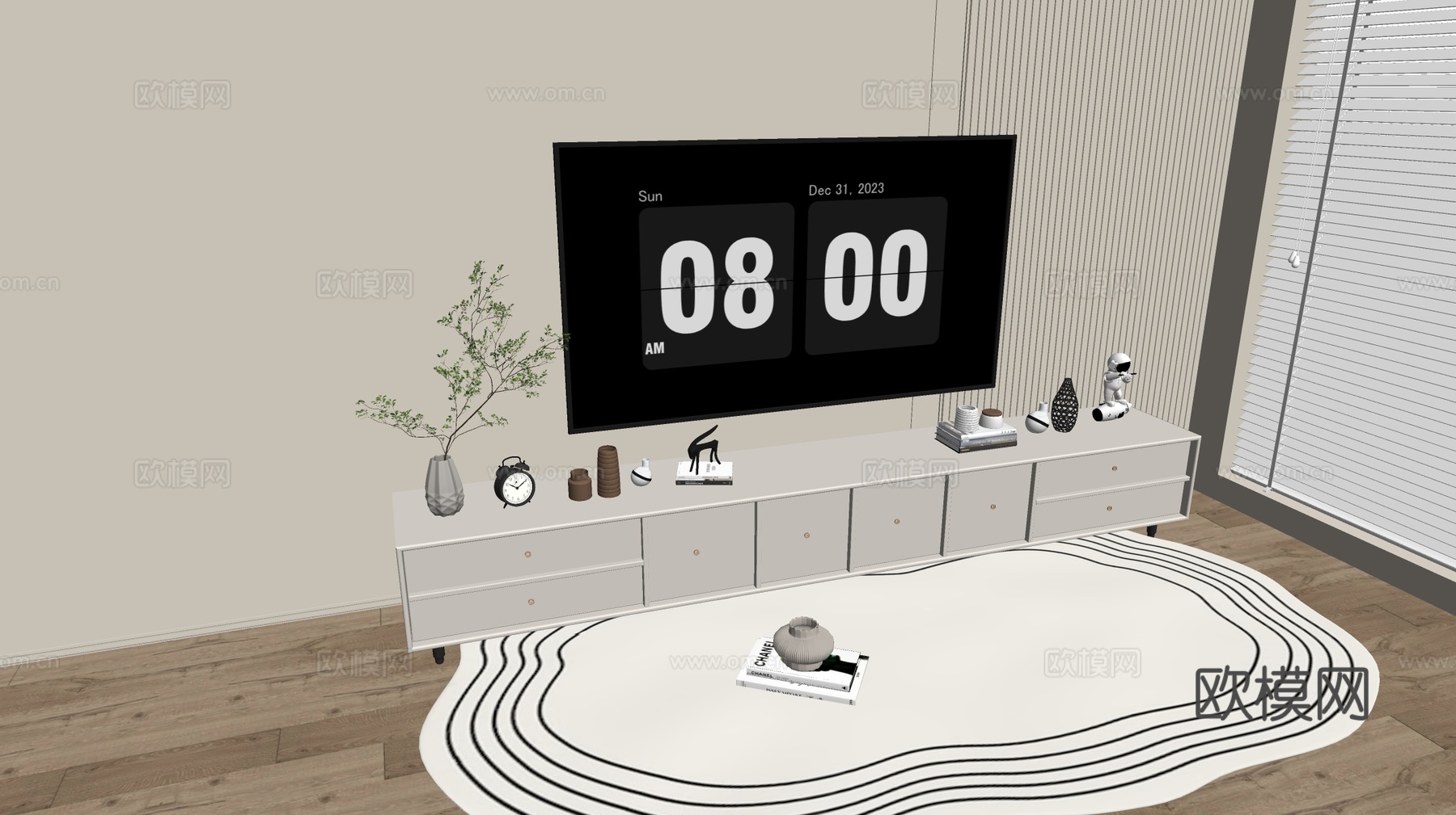 奶油风电视柜su模型下载（渲染图1）