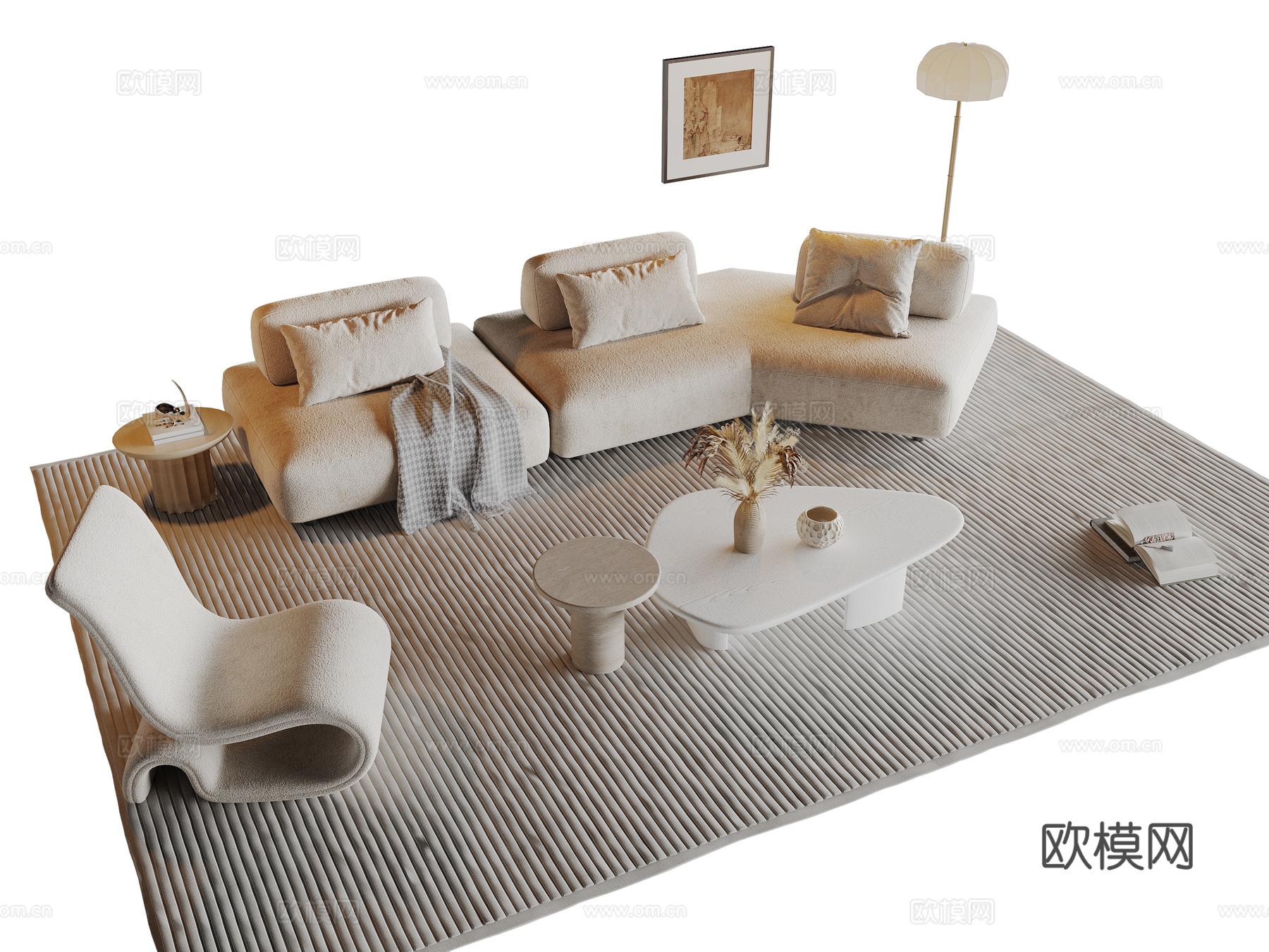 奶油风组合沙发su模型下载（渲染图2）