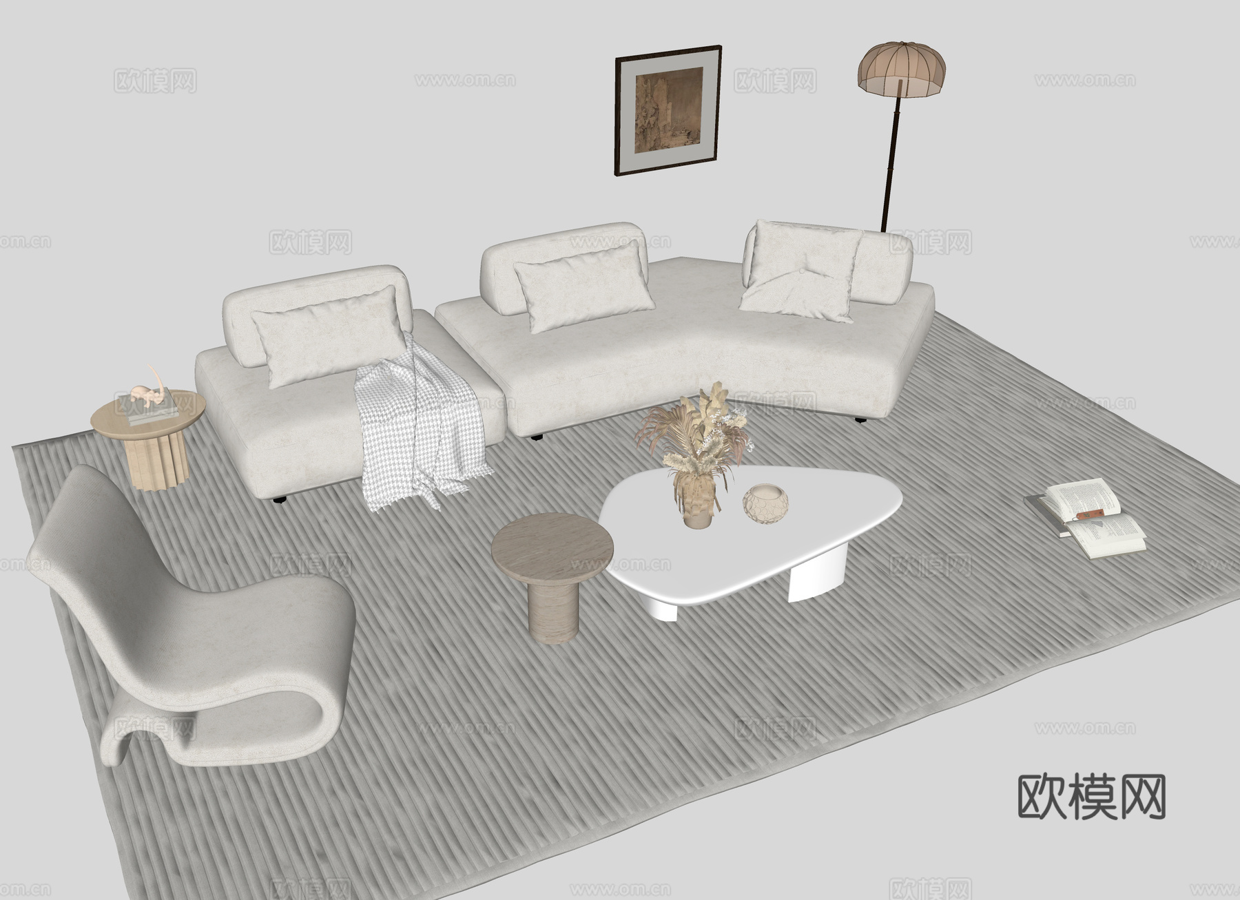 奶油风组合沙发su模型下载（渲染图1）
