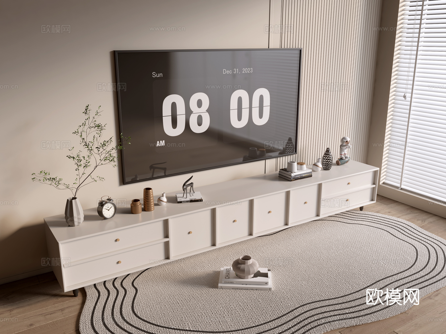 奶油风电视柜su模型下载（渲染图2）