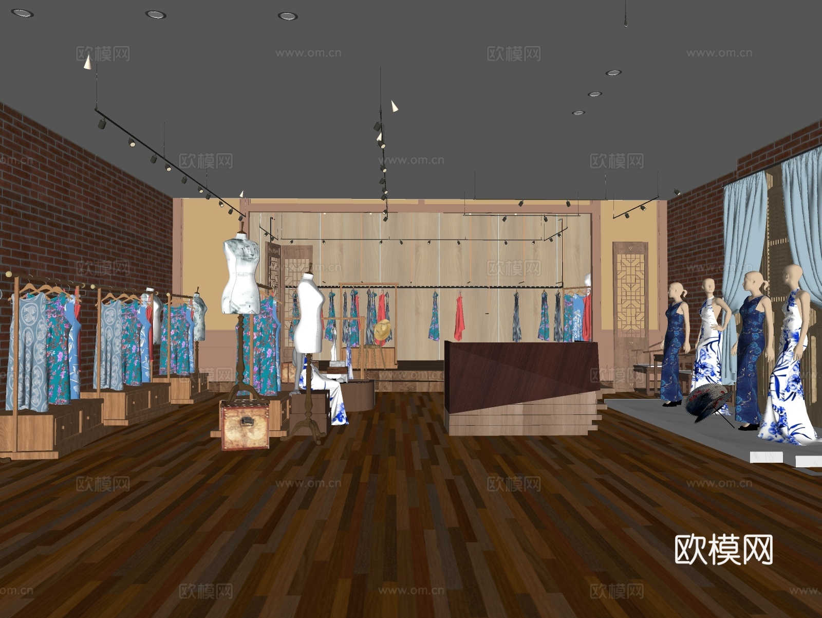 新中式女装店  旗袍店su模型下载（渲染图1）