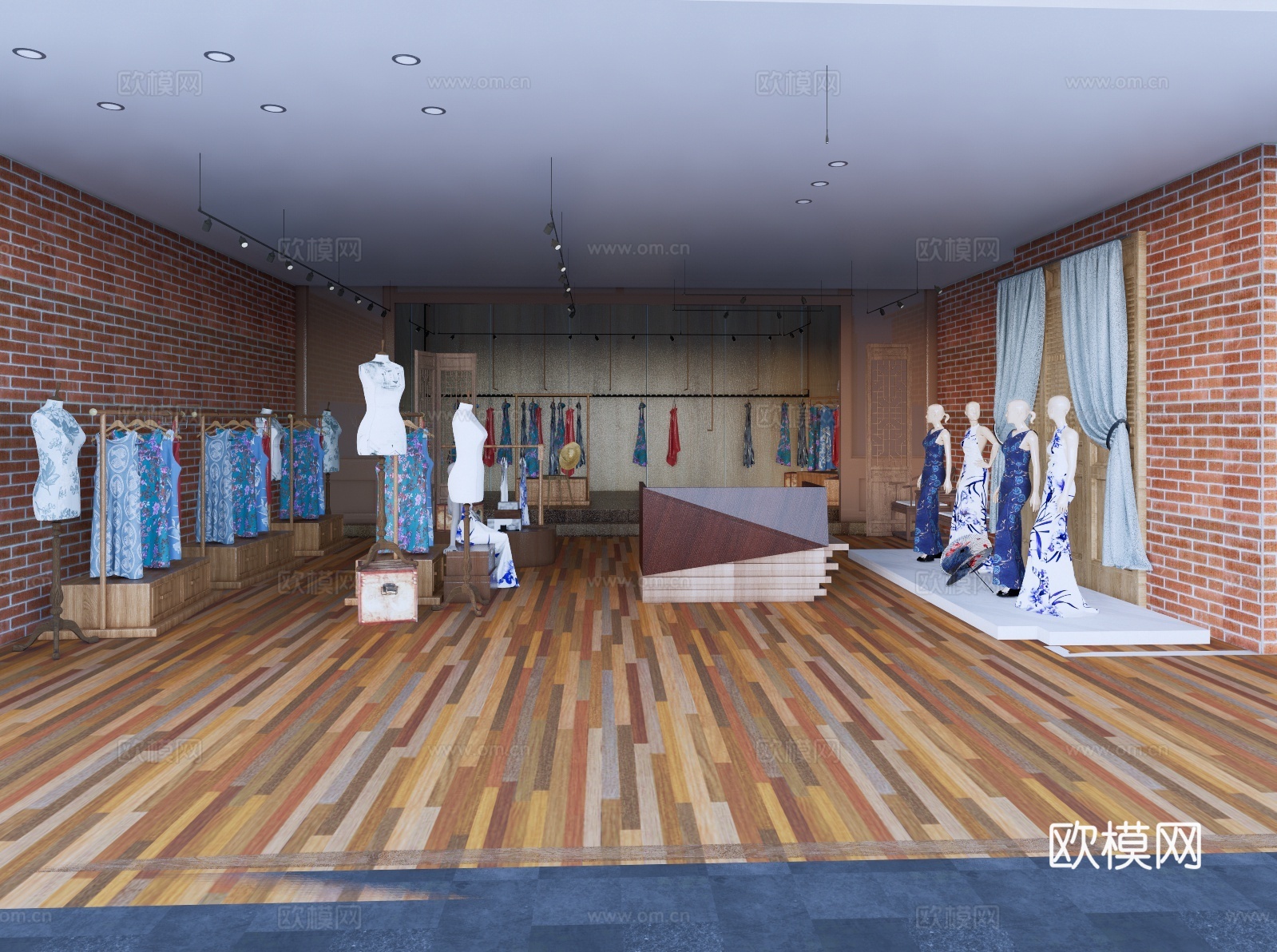 新中式女装店  旗袍店su模型下载（渲染图2）