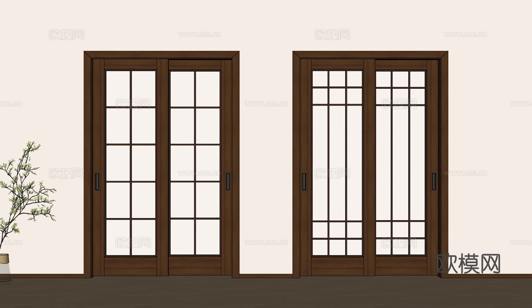 新中式推拉门 厨房门 木门 移门su模型