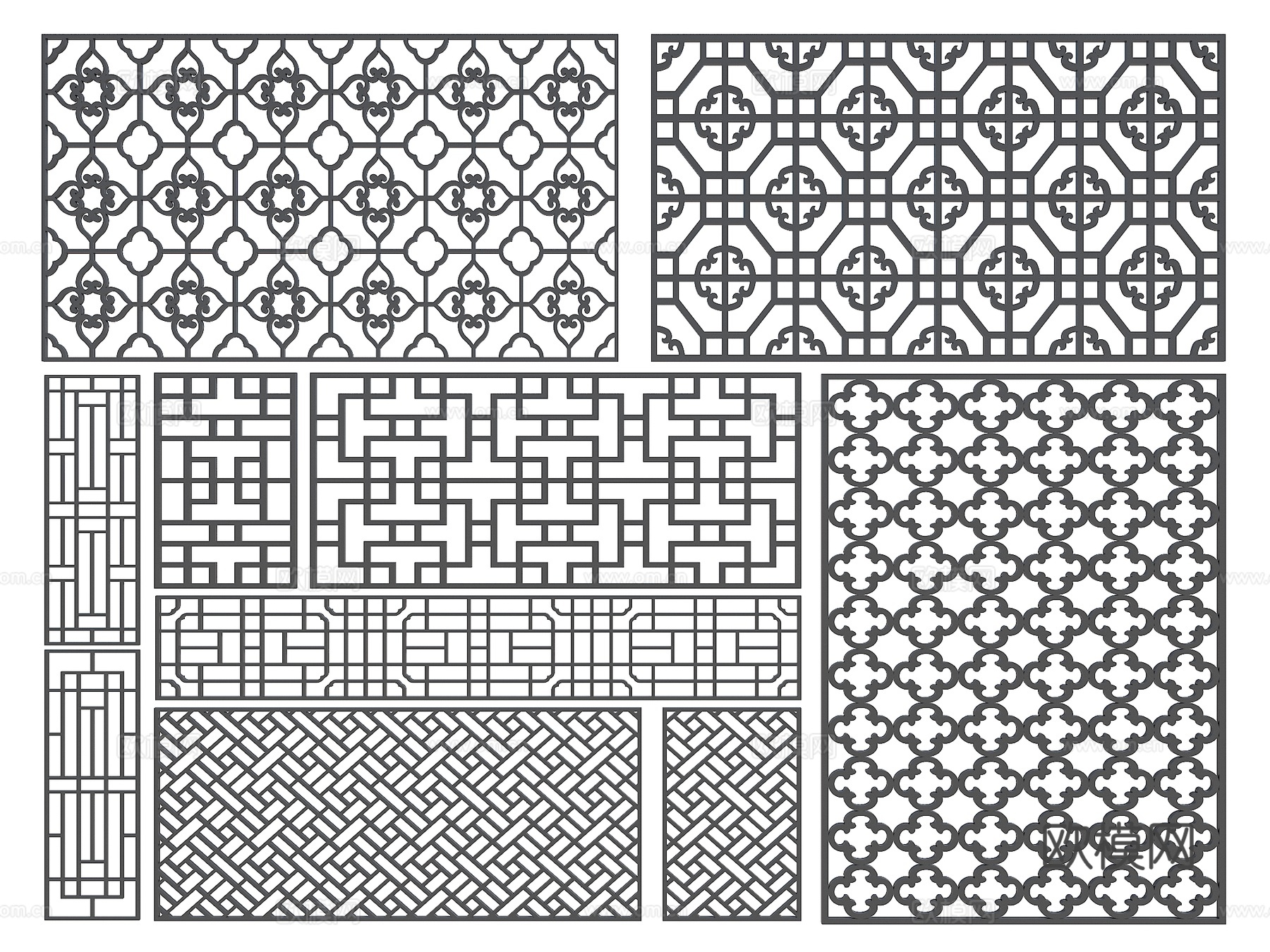 中式镂空窗格 木雕花窗 古建花格su模型