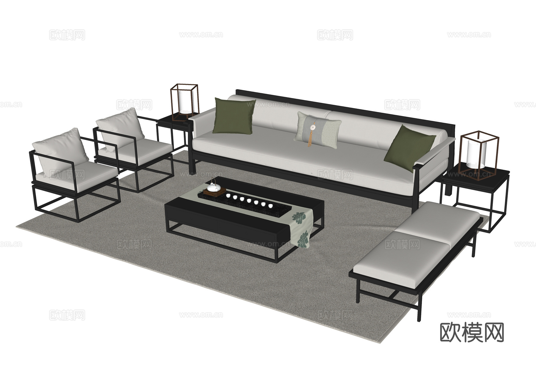 中式组合沙发su模型下载（渲染图1）