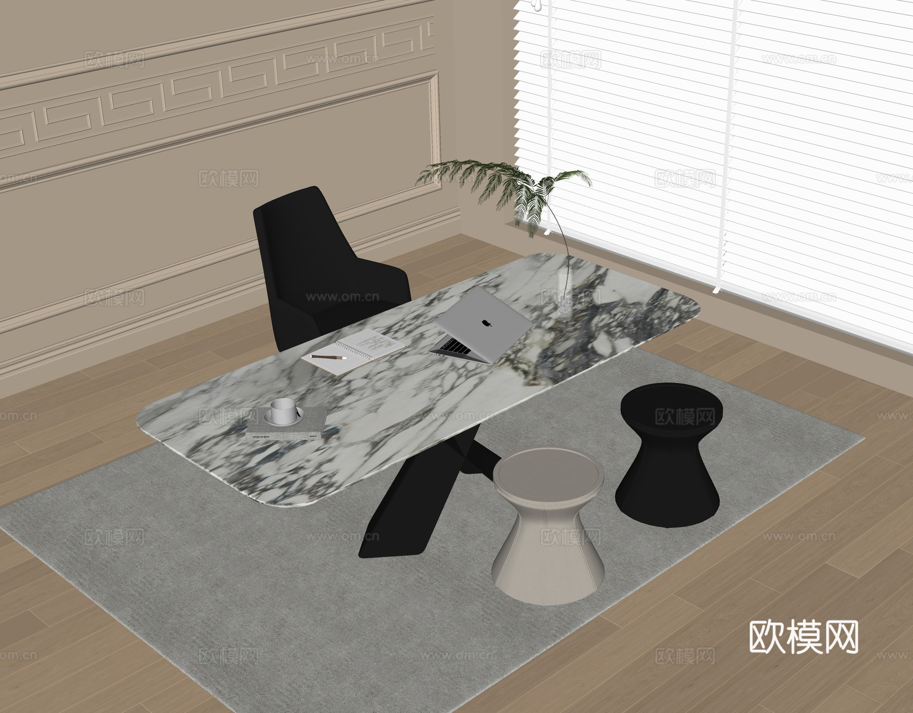 现代书桌椅su模型下载（渲染图1）