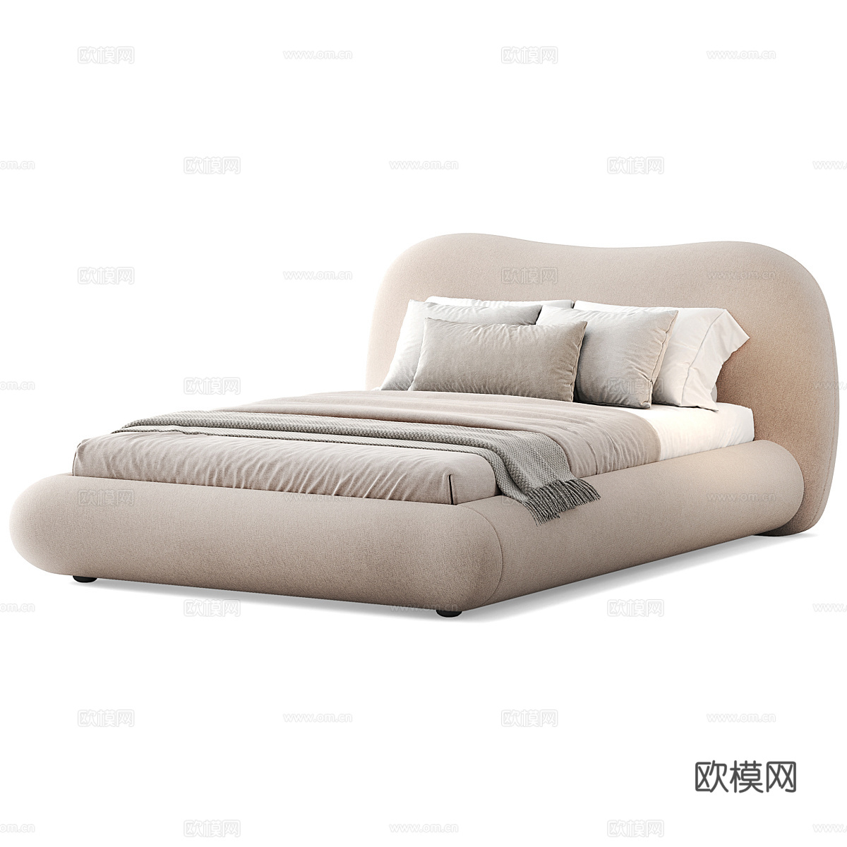 奶油风双人床3d模型下载（渲染图2）