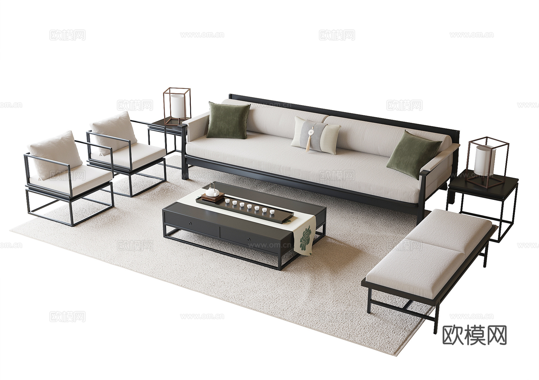 中式组合沙发su模型下载（渲染图2）