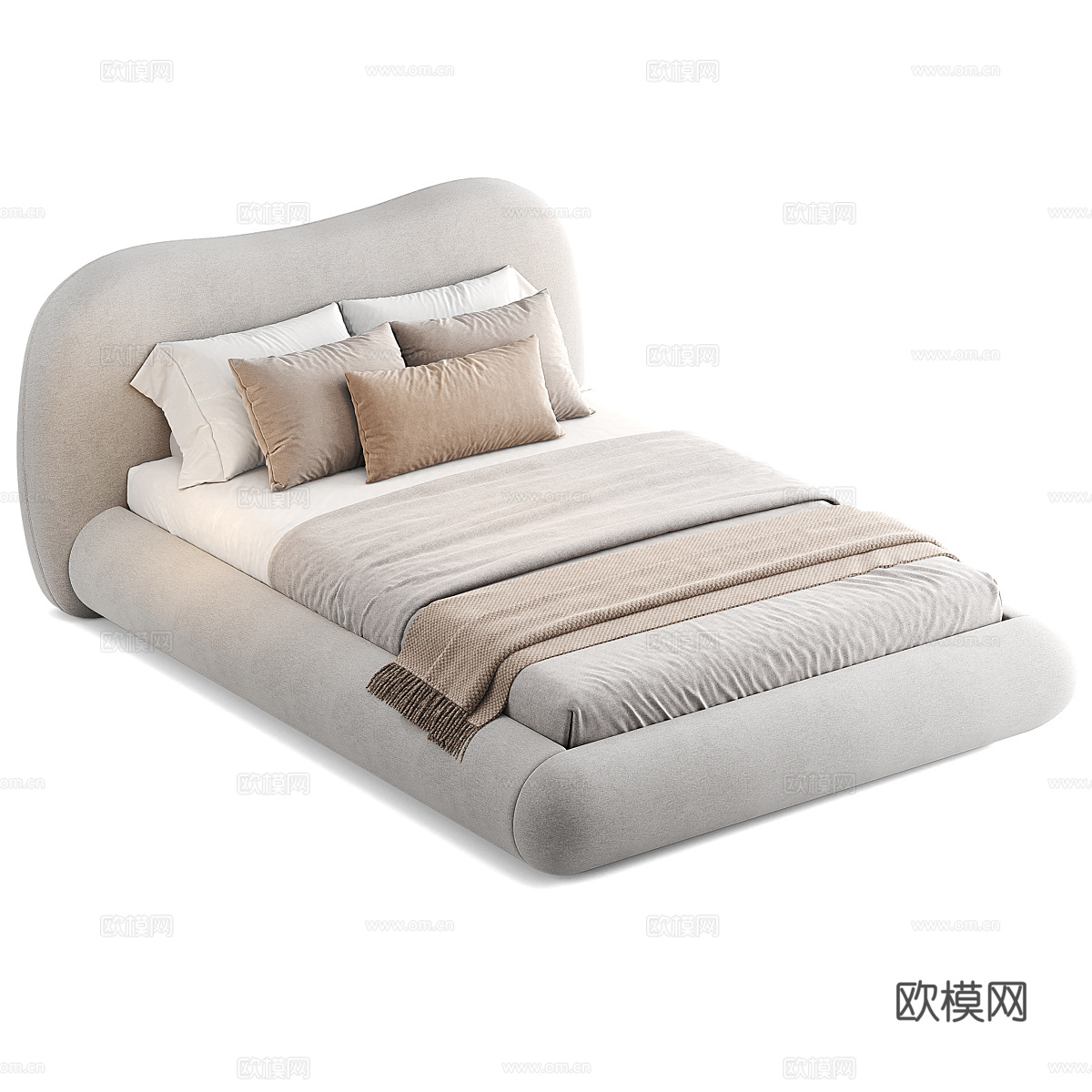 奶油风双人床3d模型下载（渲染图4）