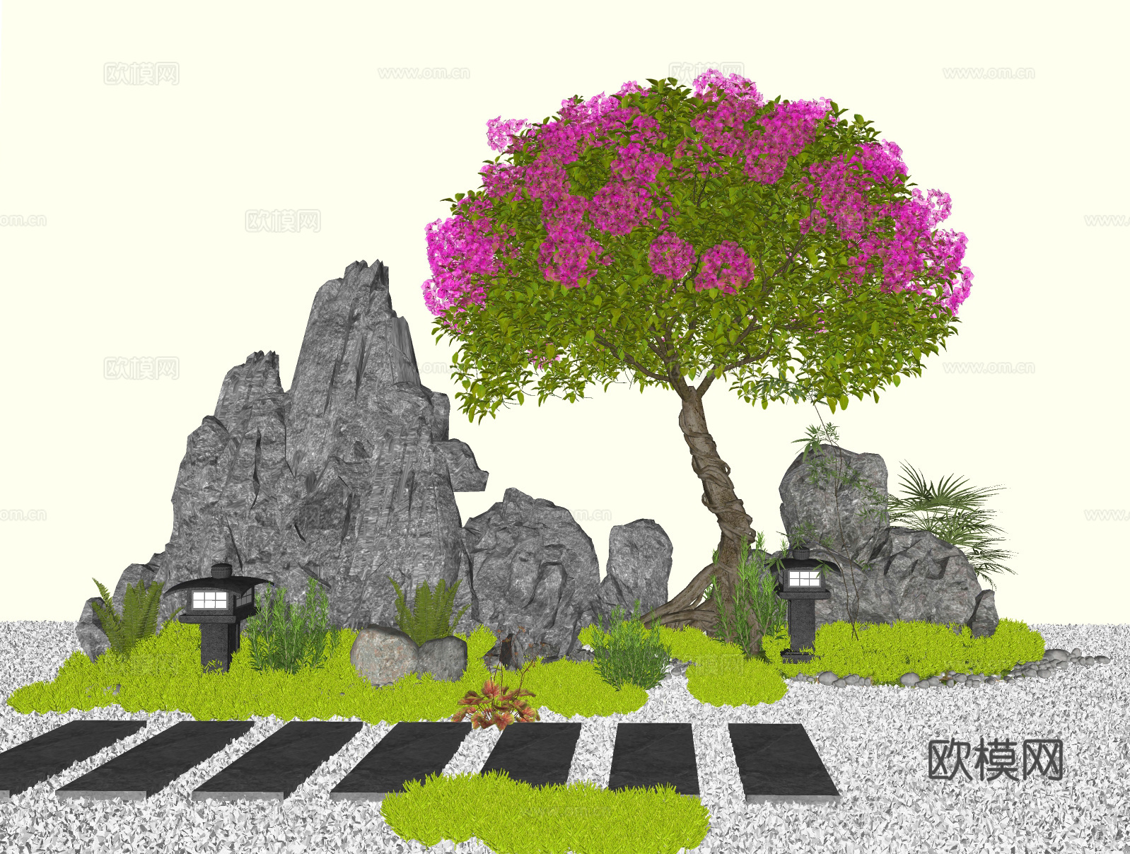 庭院假山石头  三角梅灌木 汀步碎石su模型下载（渲染图1）