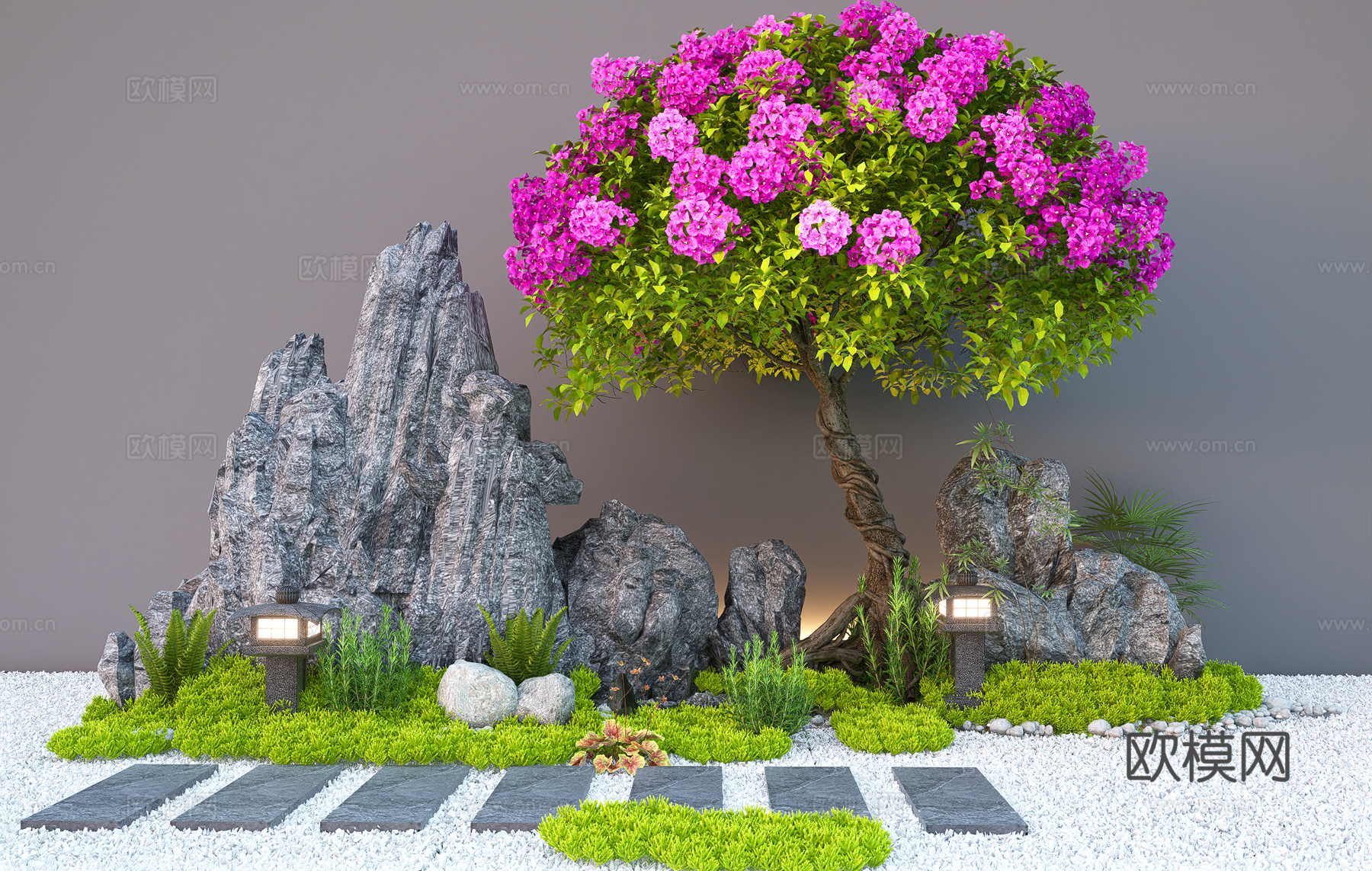 庭院假山石头  三角梅灌木 汀步碎石su模型下载（渲染图2）