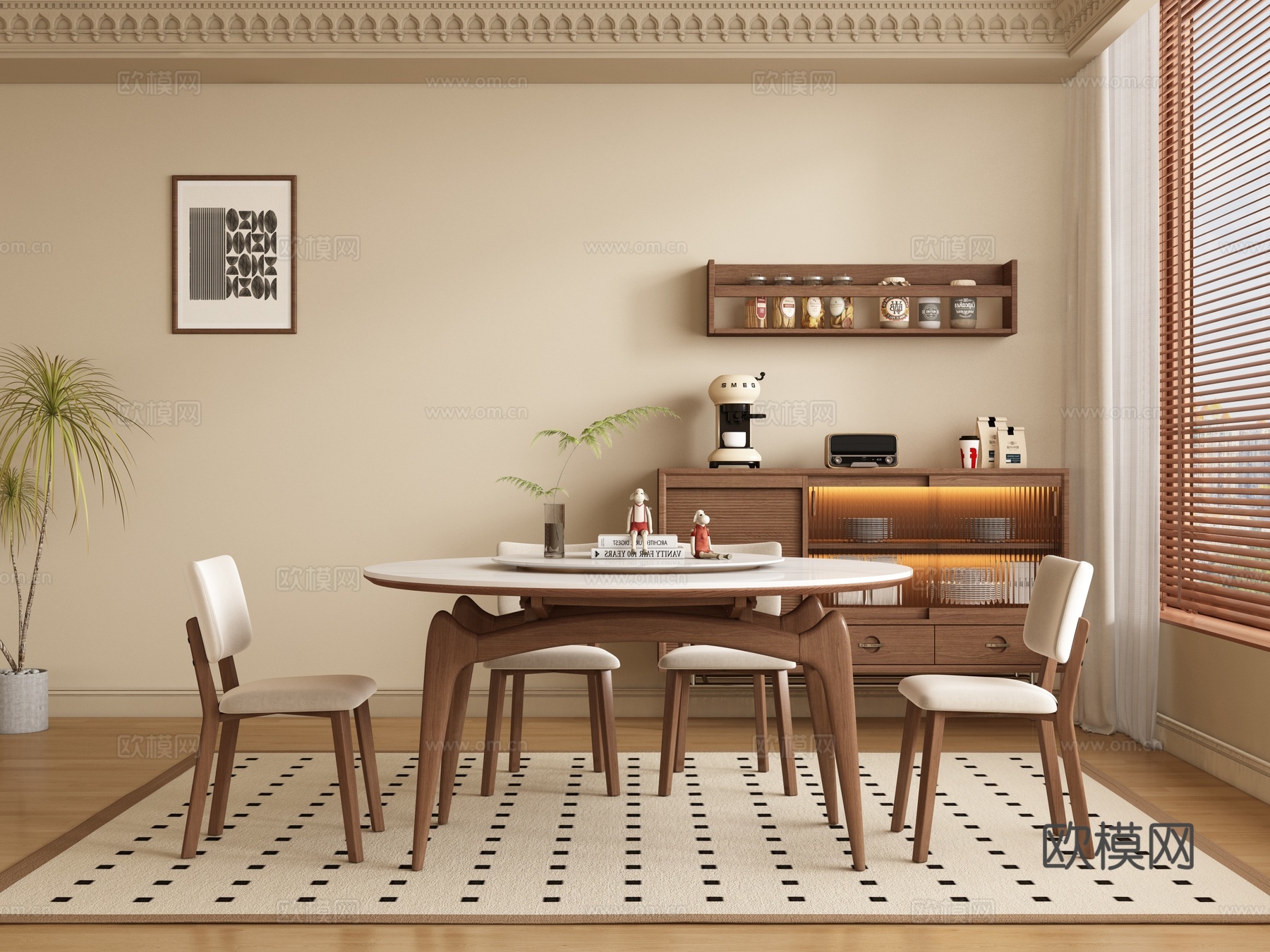 中古风餐桌椅3d模型下载