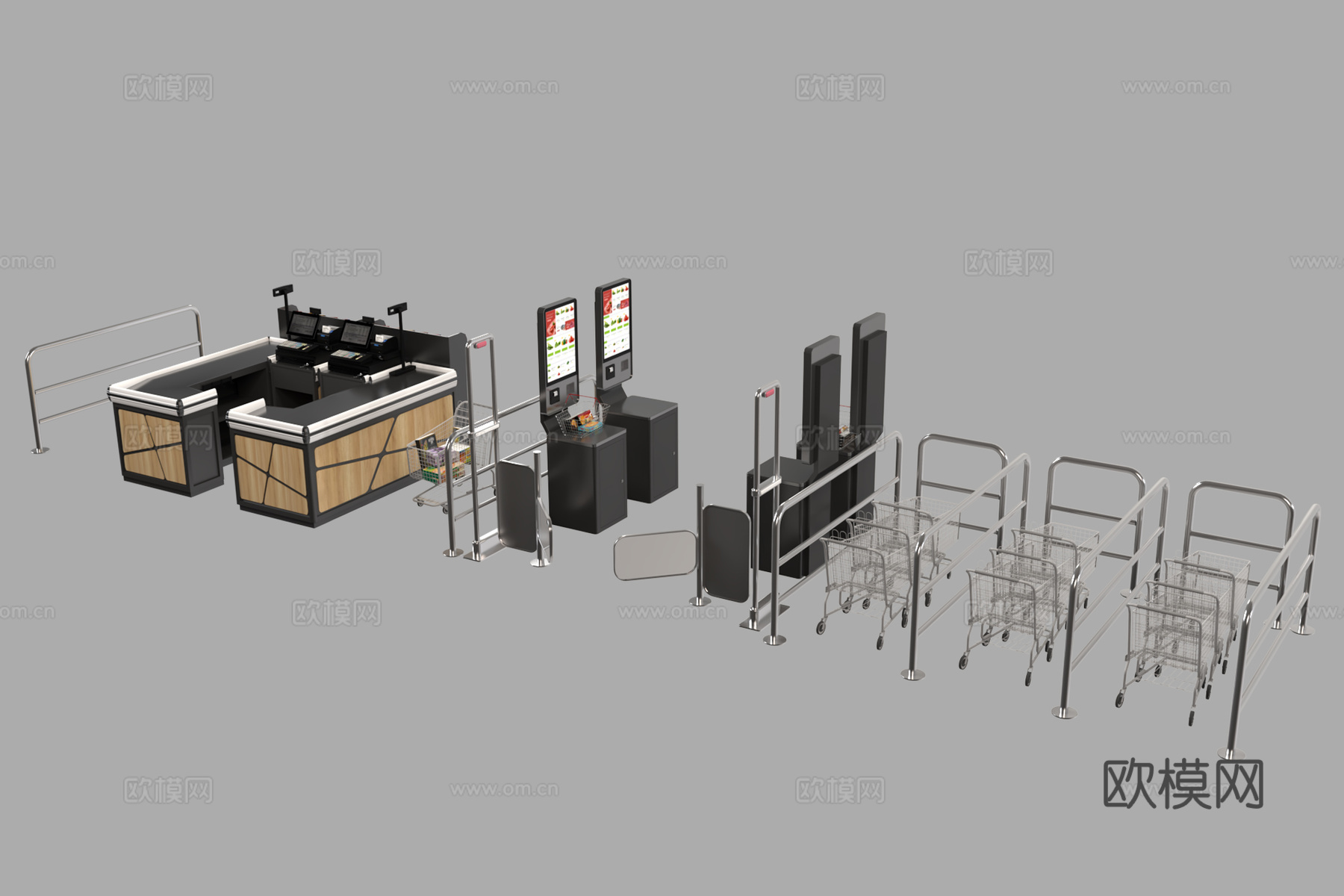 现代超市货架 收银台 无人收银机 购物蓝3d模型