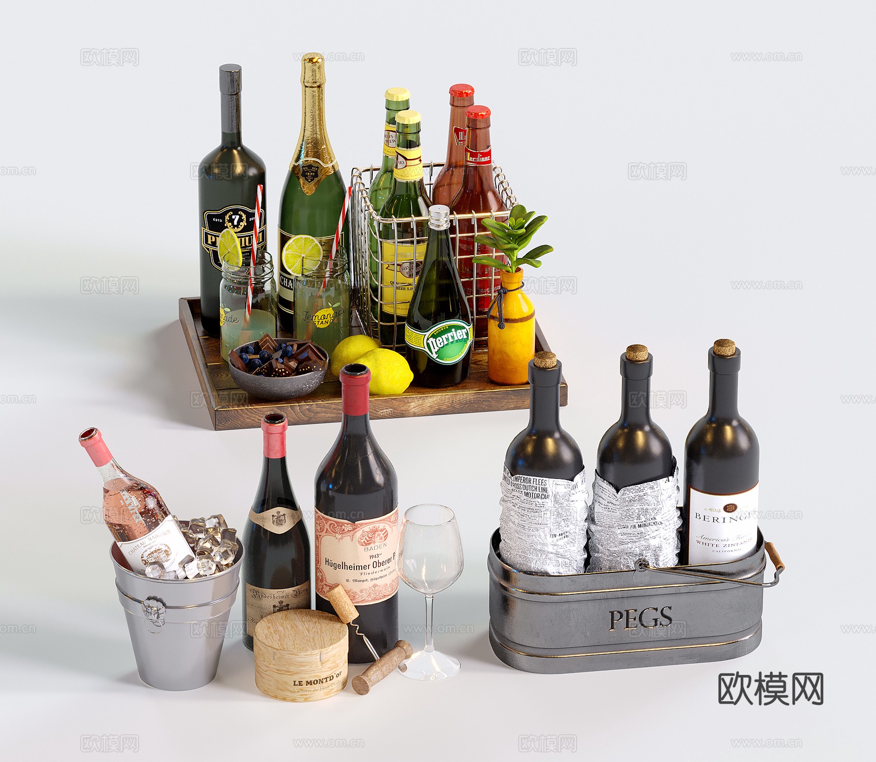 现代酒瓶酒杯 酒水饮料 酒具 红酒 洋酒su模型